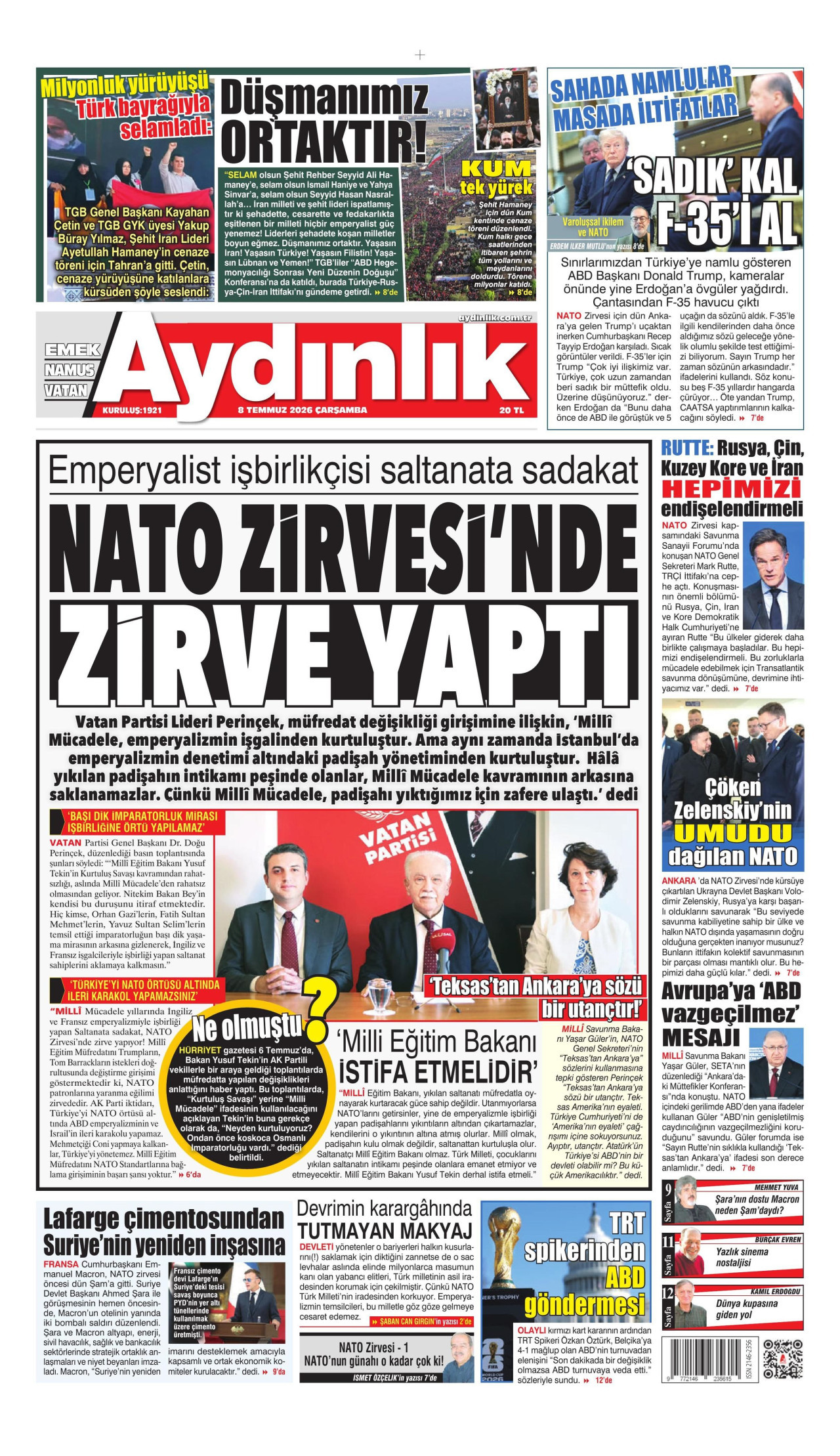 AYDINLIK GAZETESİ gazetesinin 8 Temmuz 2026 tarihli birinci sayfası