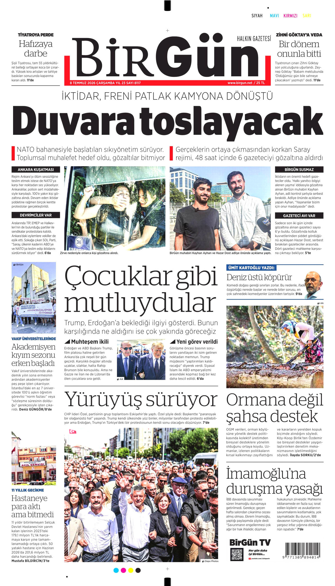 BİRGÜN gazetesinin 8 Temmuz 2026 tarihli birinci sayfası