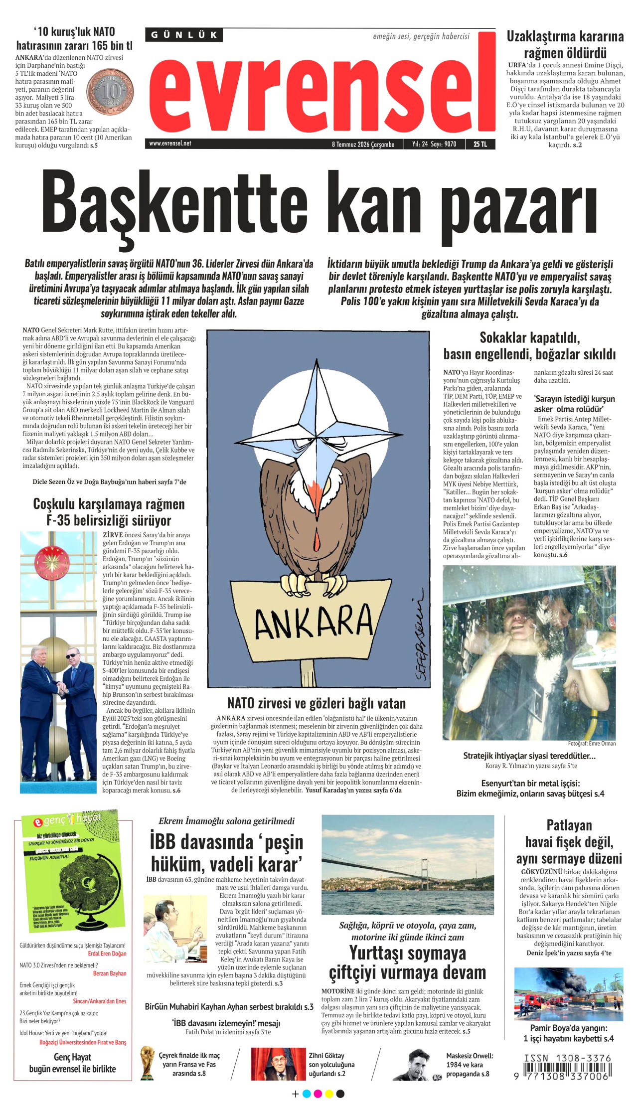EVRENSEL gazetesinin 8 Temmuz 2026 tarihli birinci sayfası