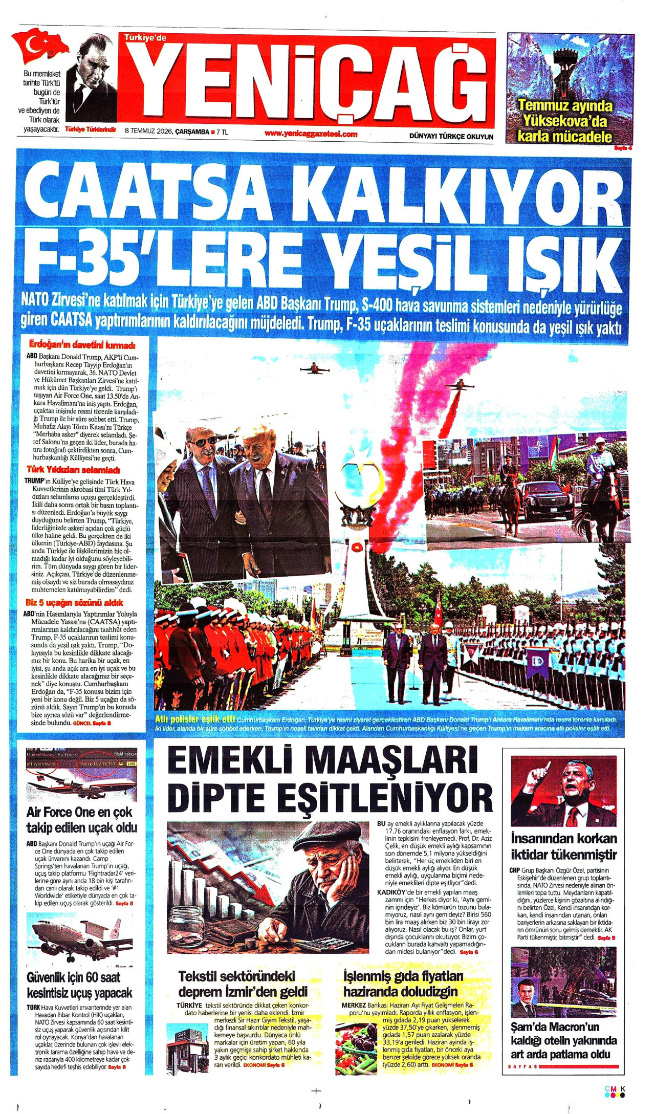 YENİÇAĞ gazetesinin 8 Temmuz 2026 tarihli birinci sayfası
