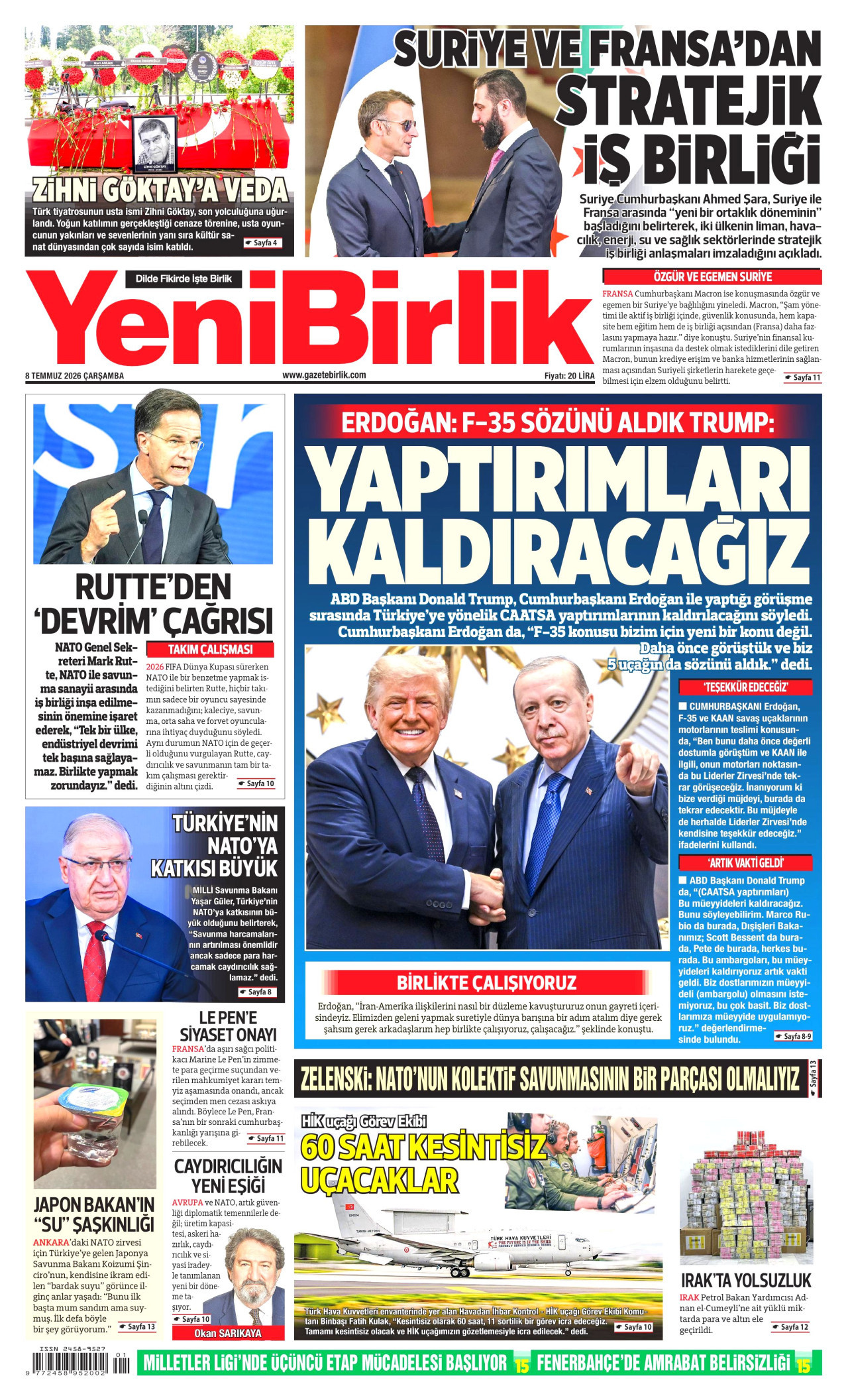 YENİBİRLİK gazetesinin 8 Temmuz 2026 tarihli birinci sayfası