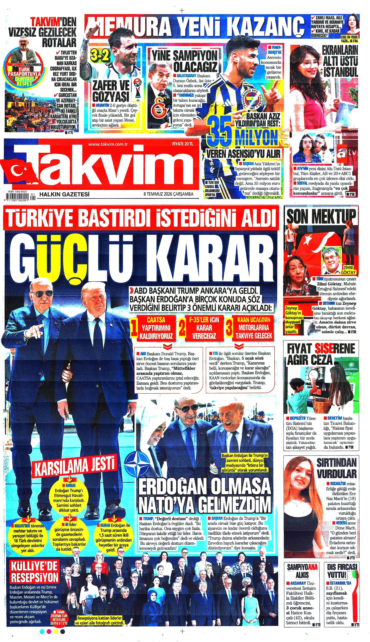 TAKVİM gazetesinin 8 Temmuz 2026 tarihli birinci sayfası