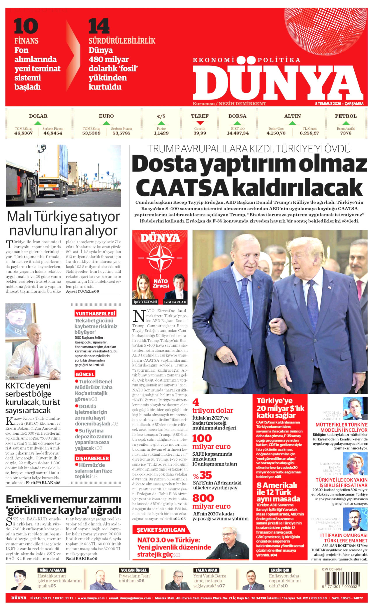 DÜNYA gazetesinin 8 Temmuz 2026 tarihli birinci sayfası