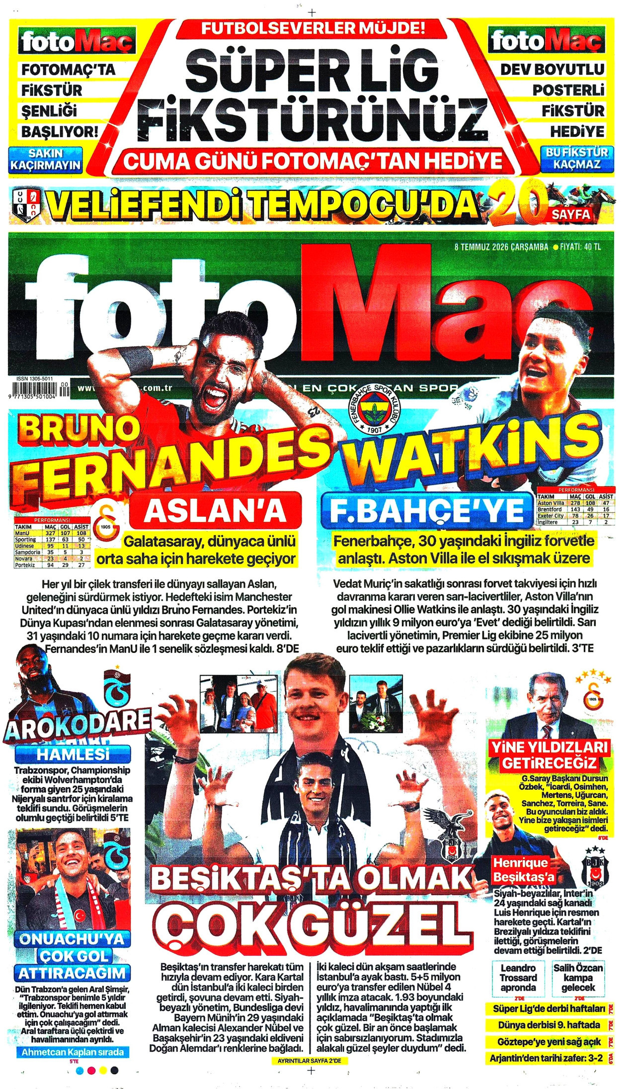FOTOMAÇ gazetesinin 8 Temmuz 2026 tarihli birinci sayfası