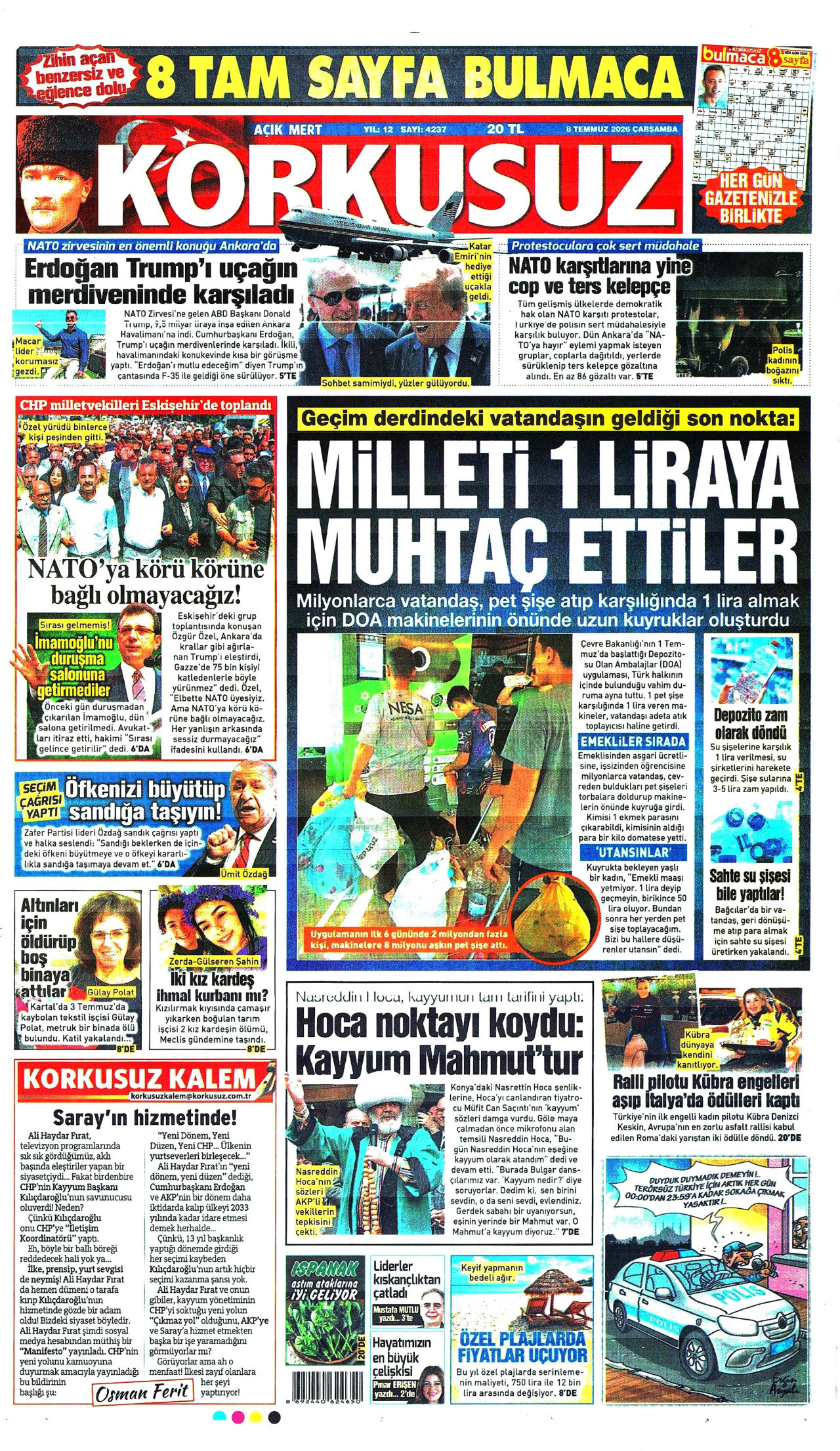 KORKUSUZ gazetesinin 8 Temmuz 2026 tarihli birinci sayfası