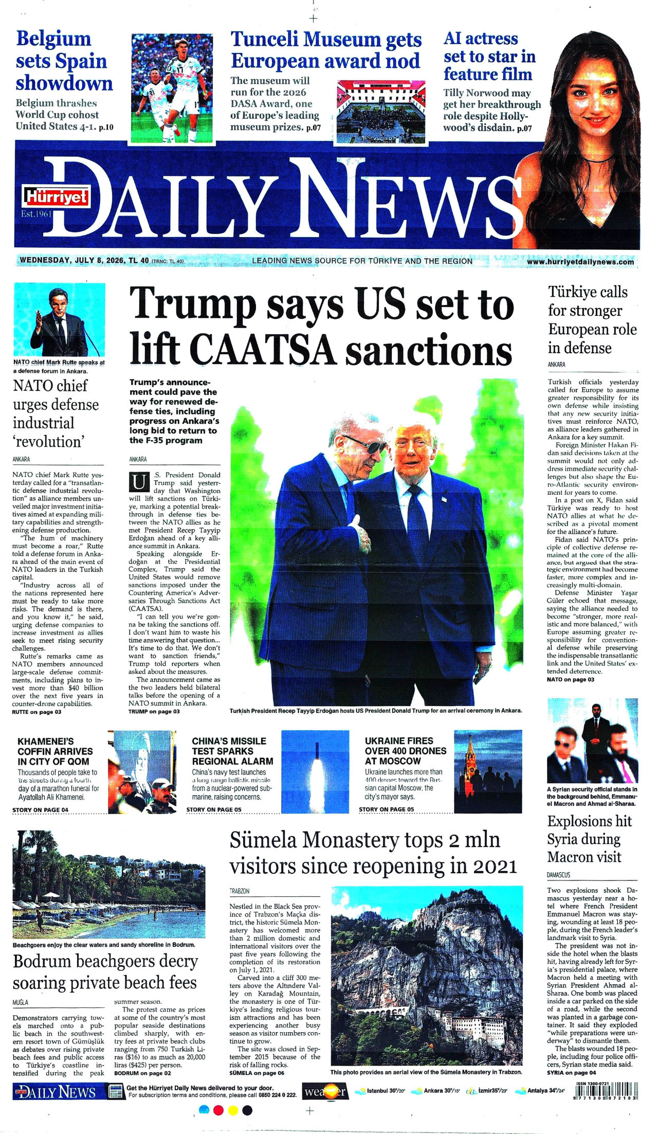 HÜRRİYET DAİLY NEWS gazetesinin 8 Temmuz 2026 tarihli birinci sayfası