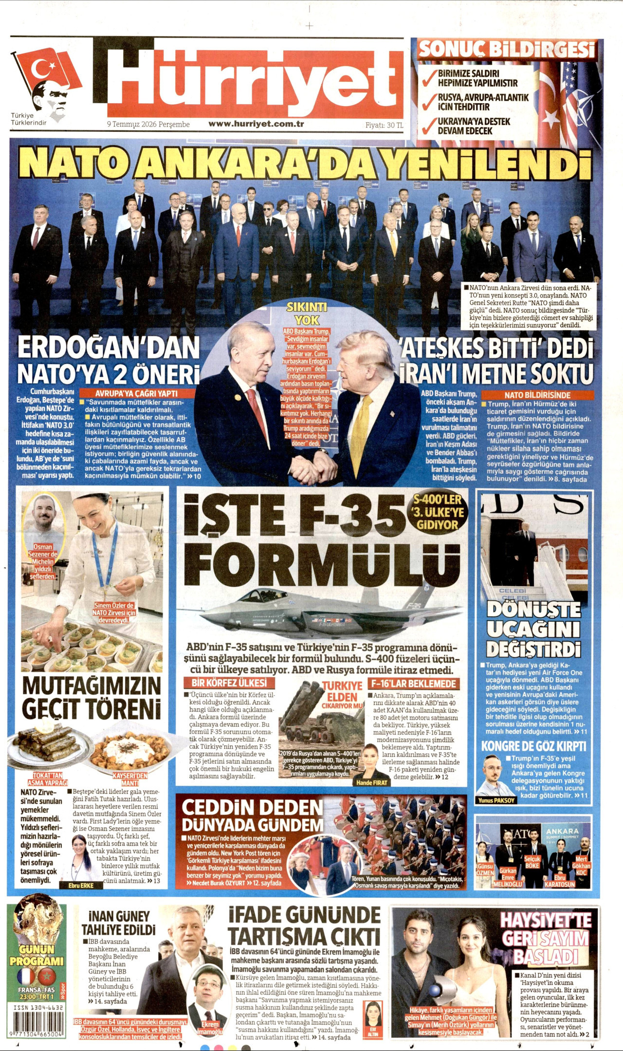 HÜRRİYET gazetesinin 9 Temmuz 2026 tarihli birinci sayfası