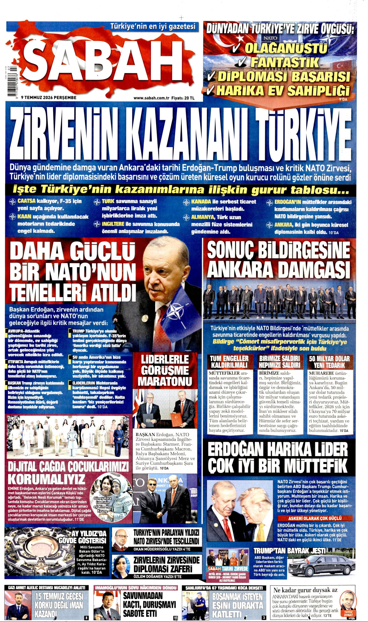 SABAH gazetesinin 9 Temmuz 2026 tarihli birinci sayfası