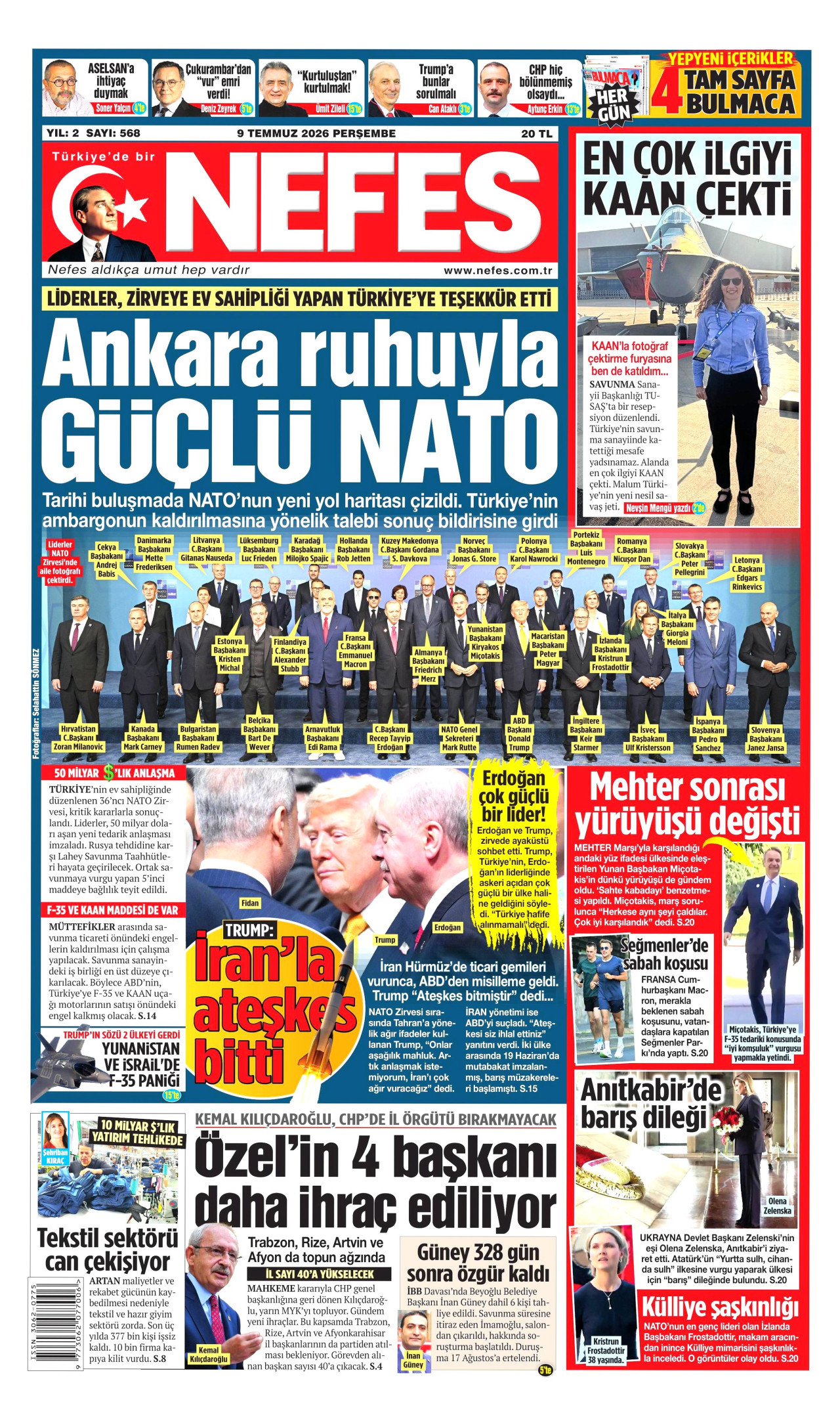 NEFES gazetesinin 9 Temmuz 2026 tarihli birinci sayfası