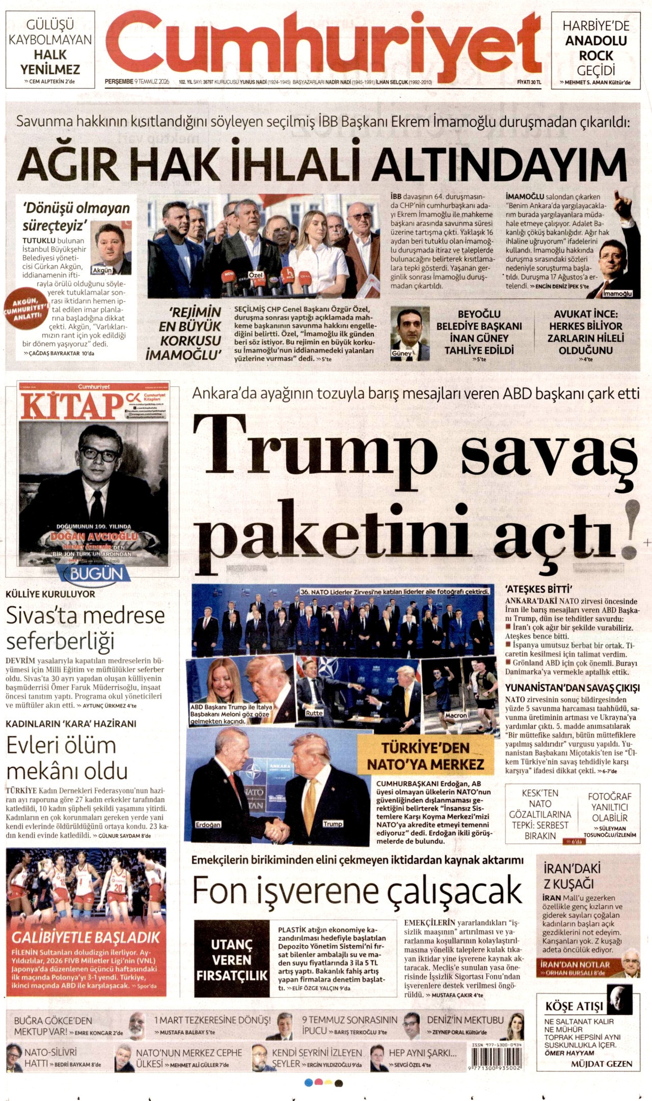 CUMHURİYET gazetesinin 9 Temmuz 2026 tarihli birinci sayfası