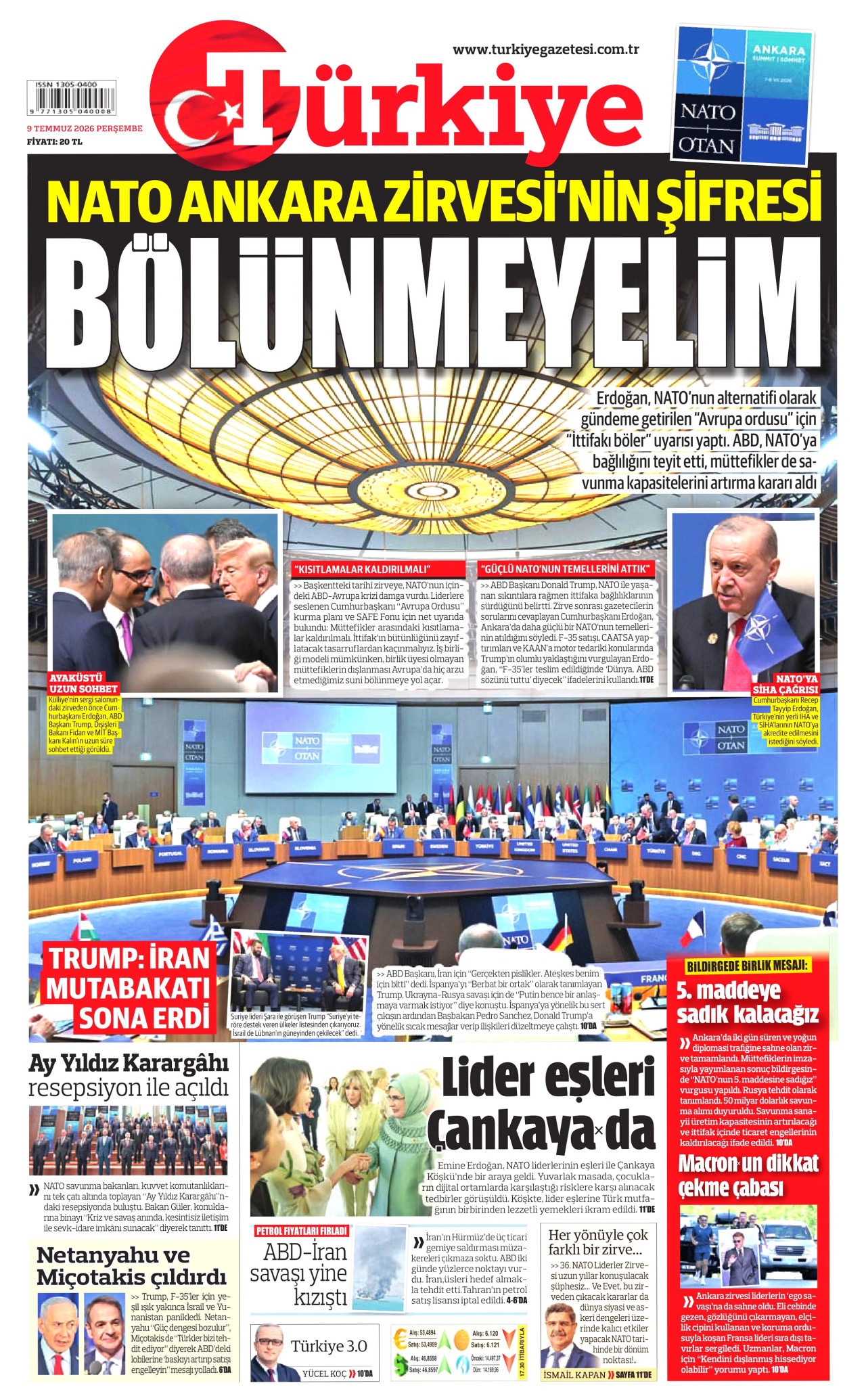 TÜRKİYE GAZETESİ gazetesinin 9 Temmuz 2026 tarihli birinci sayfası