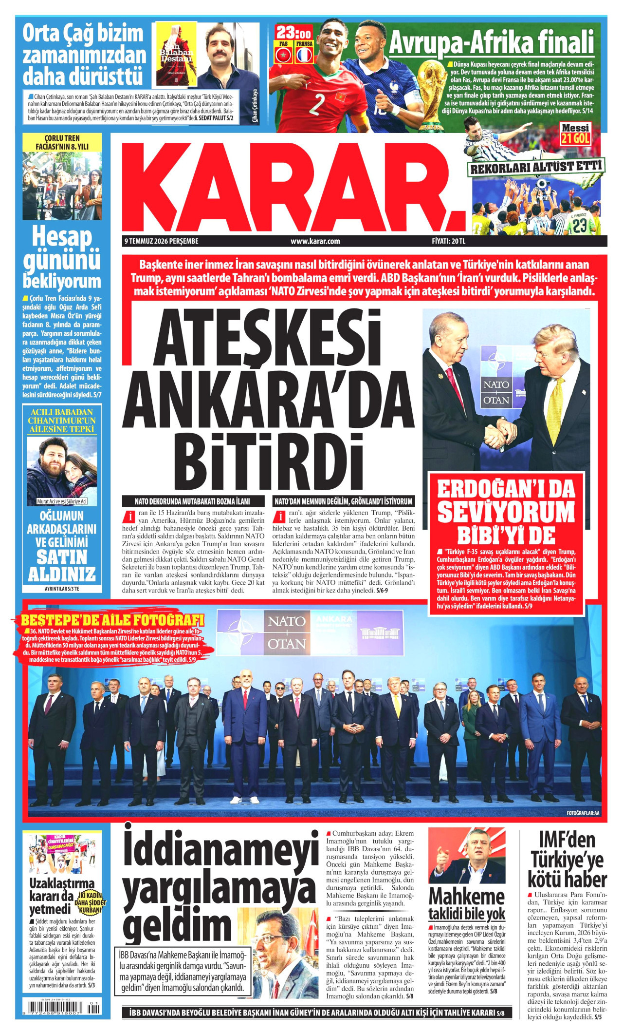 KARAR gazetesinin 9 Temmuz 2026 tarihli birinci sayfası