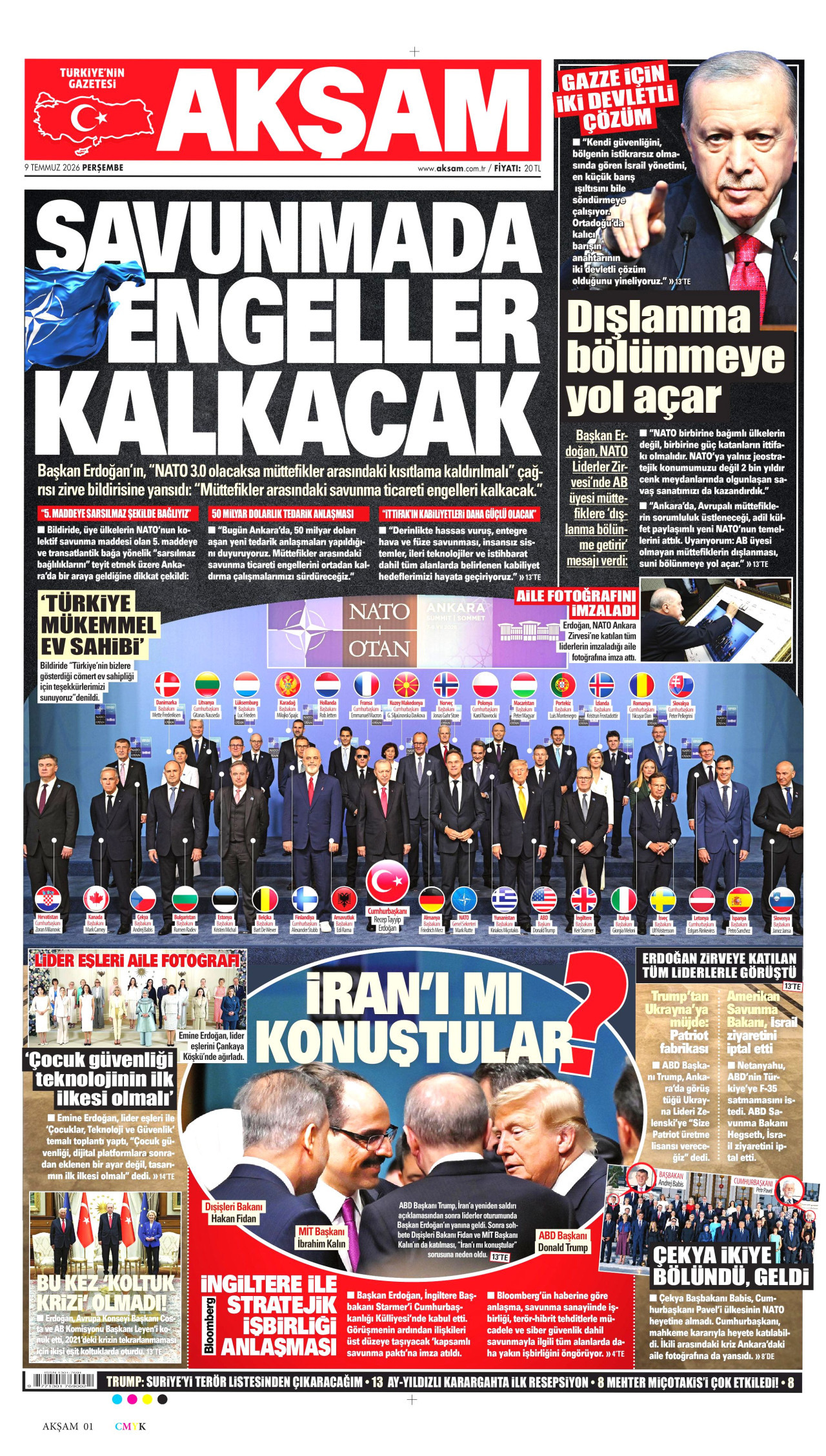 AKŞAM gazetesinin 9 Temmuz 2026 tarihli birinci sayfası