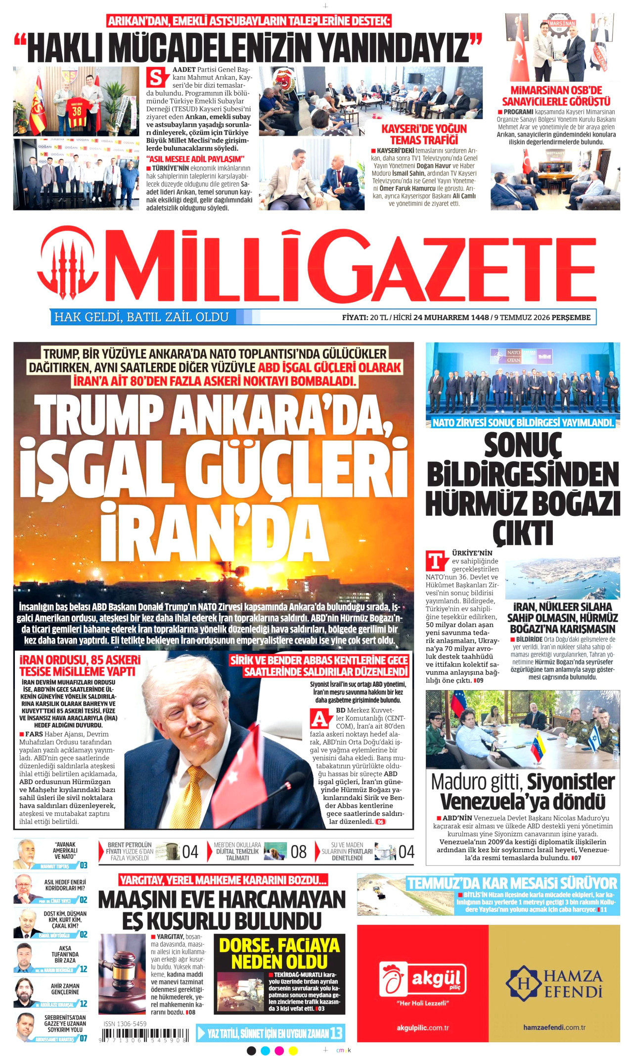 MİLLİ GAZETE gazetesinin 9 Temmuz 2026 tarihli birinci sayfası