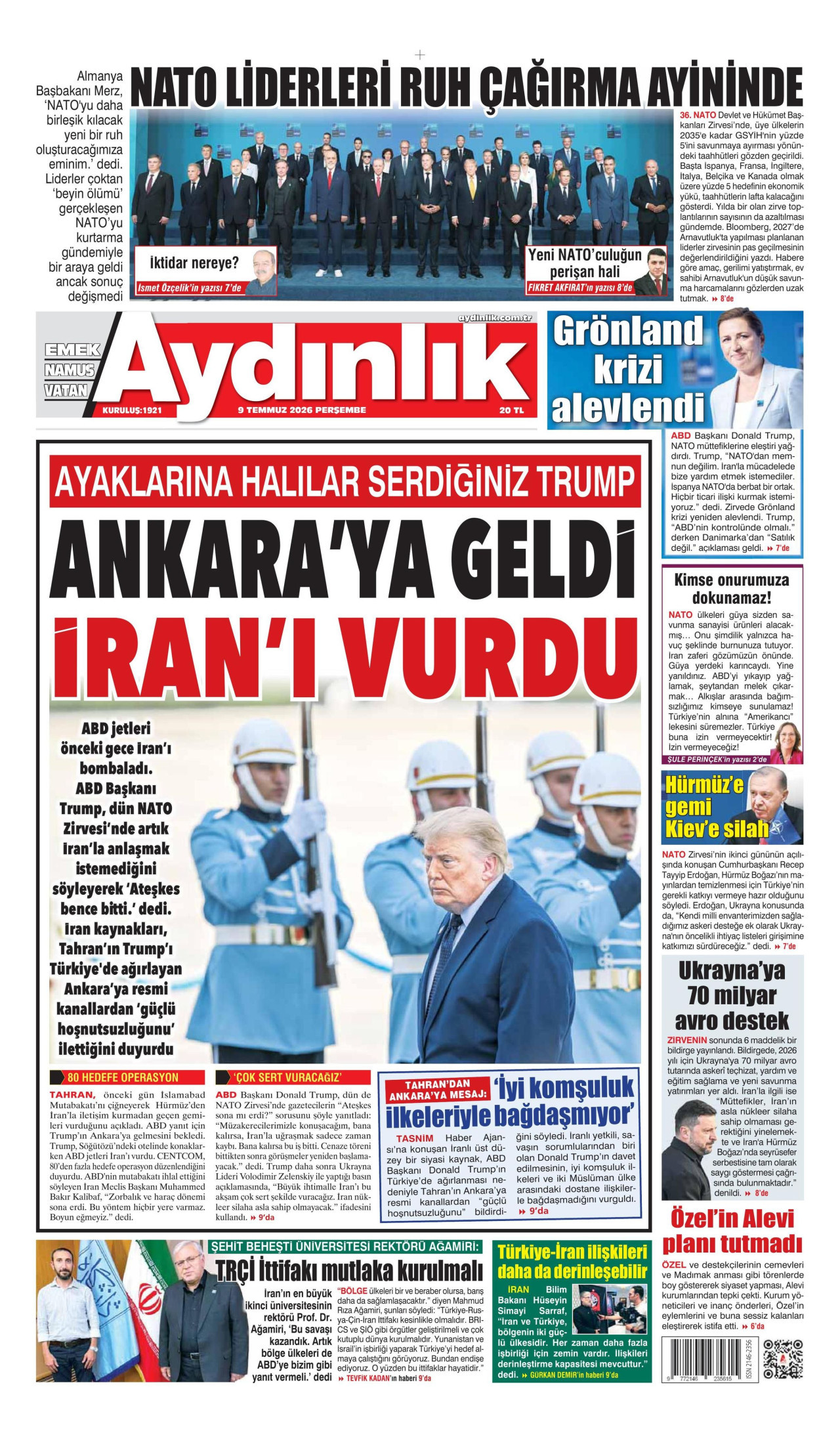 AYDINLIK GAZETESİ gazetesinin 9 Temmuz 2026 tarihli birinci sayfası