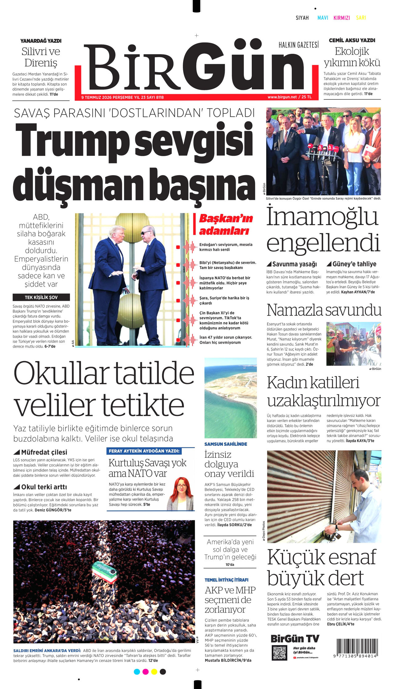 BİRGÜN gazetesinin 9 Temmuz 2026 tarihli birinci sayfası