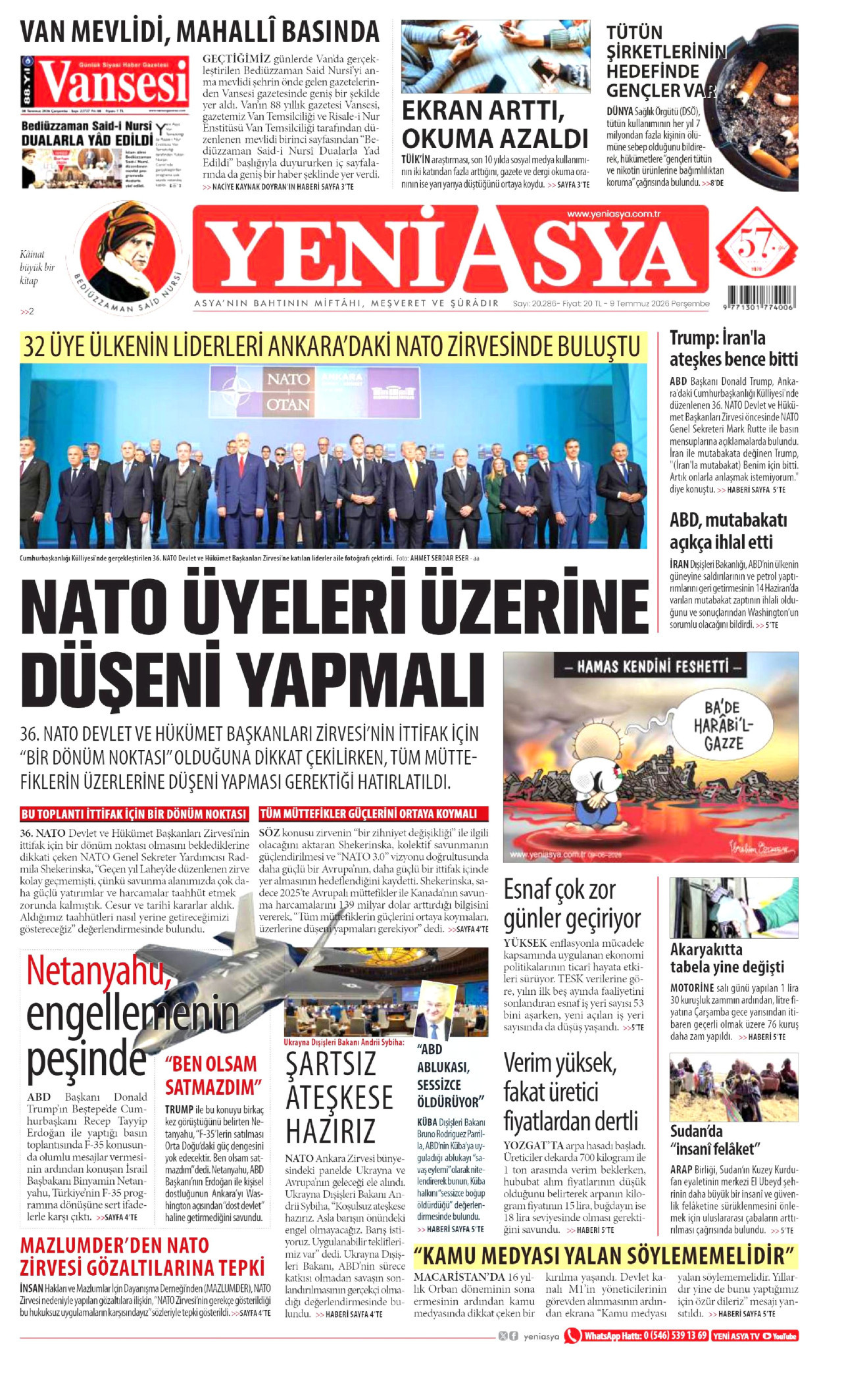 YENİ ASYA gazetesinin 9 Temmuz 2026 tarihli birinci sayfası