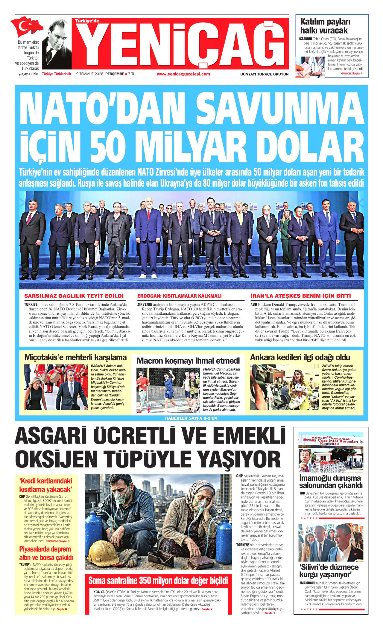 YENİÇAĞ gazetesinin 9 Temmuz 2026 tarihli birinci sayfası