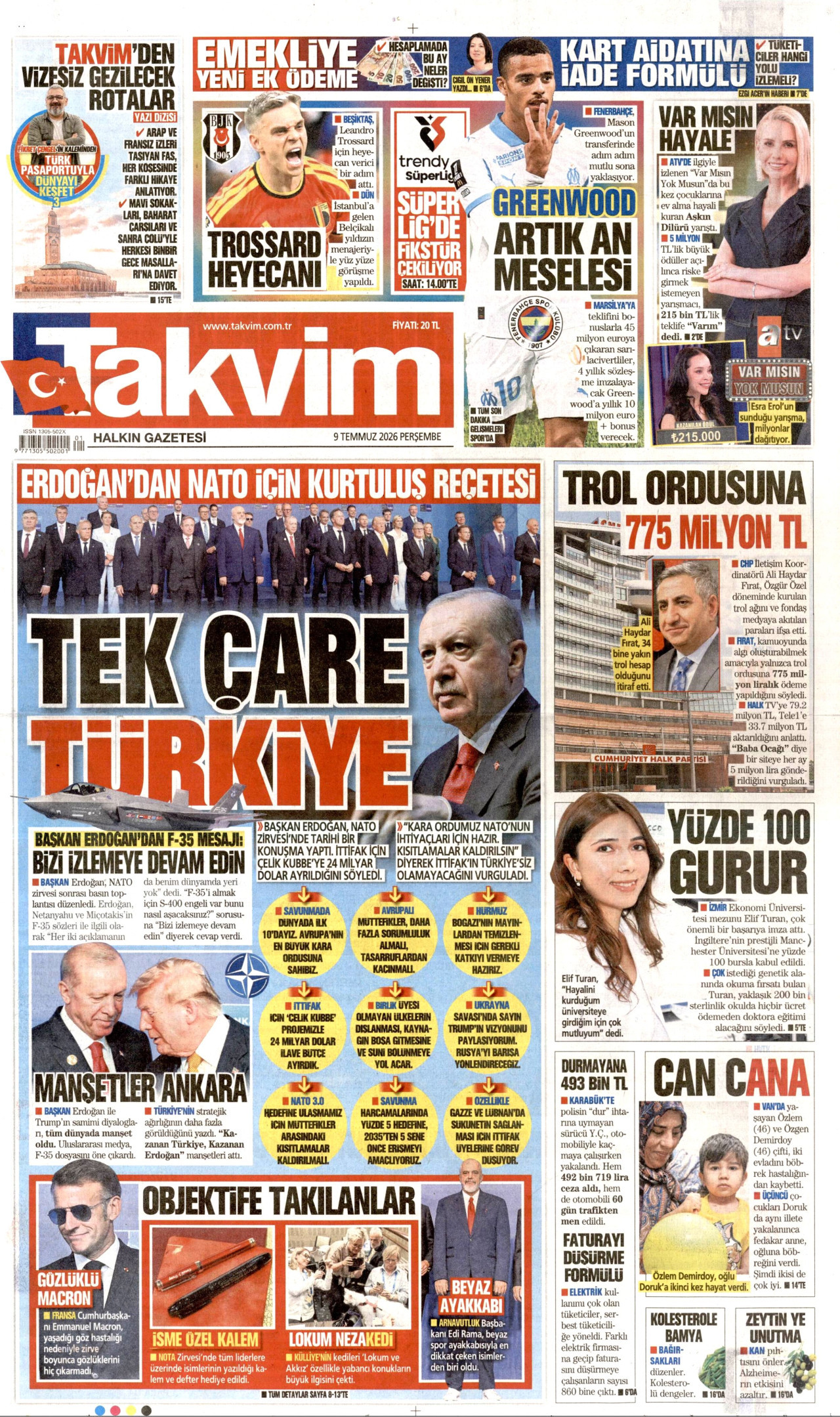 TAKVİM gazetesinin 9 Temmuz 2026 tarihli birinci sayfası