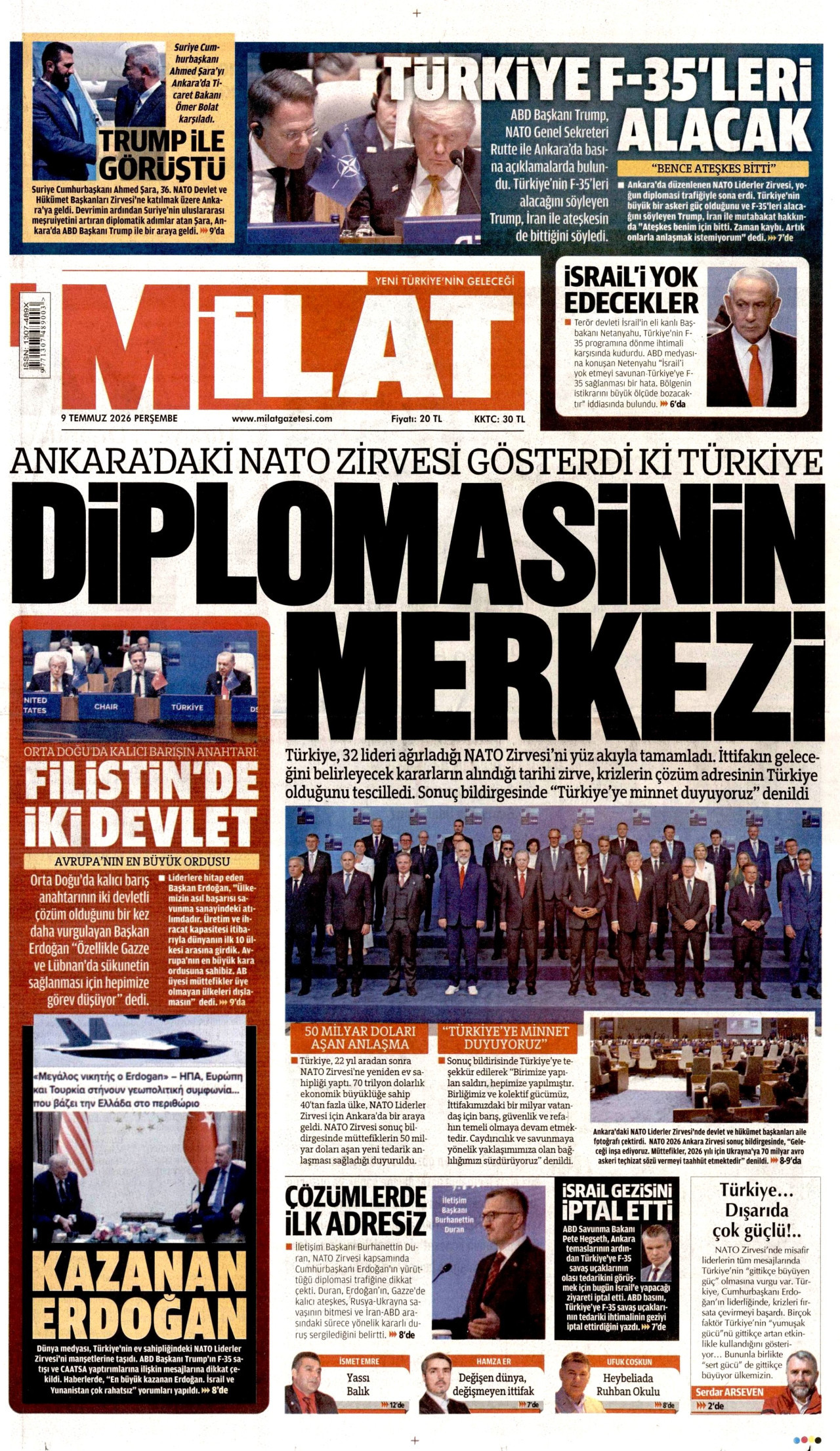 MİLAT gazetesinin 9 Temmuz 2026 tarihli birinci sayfası