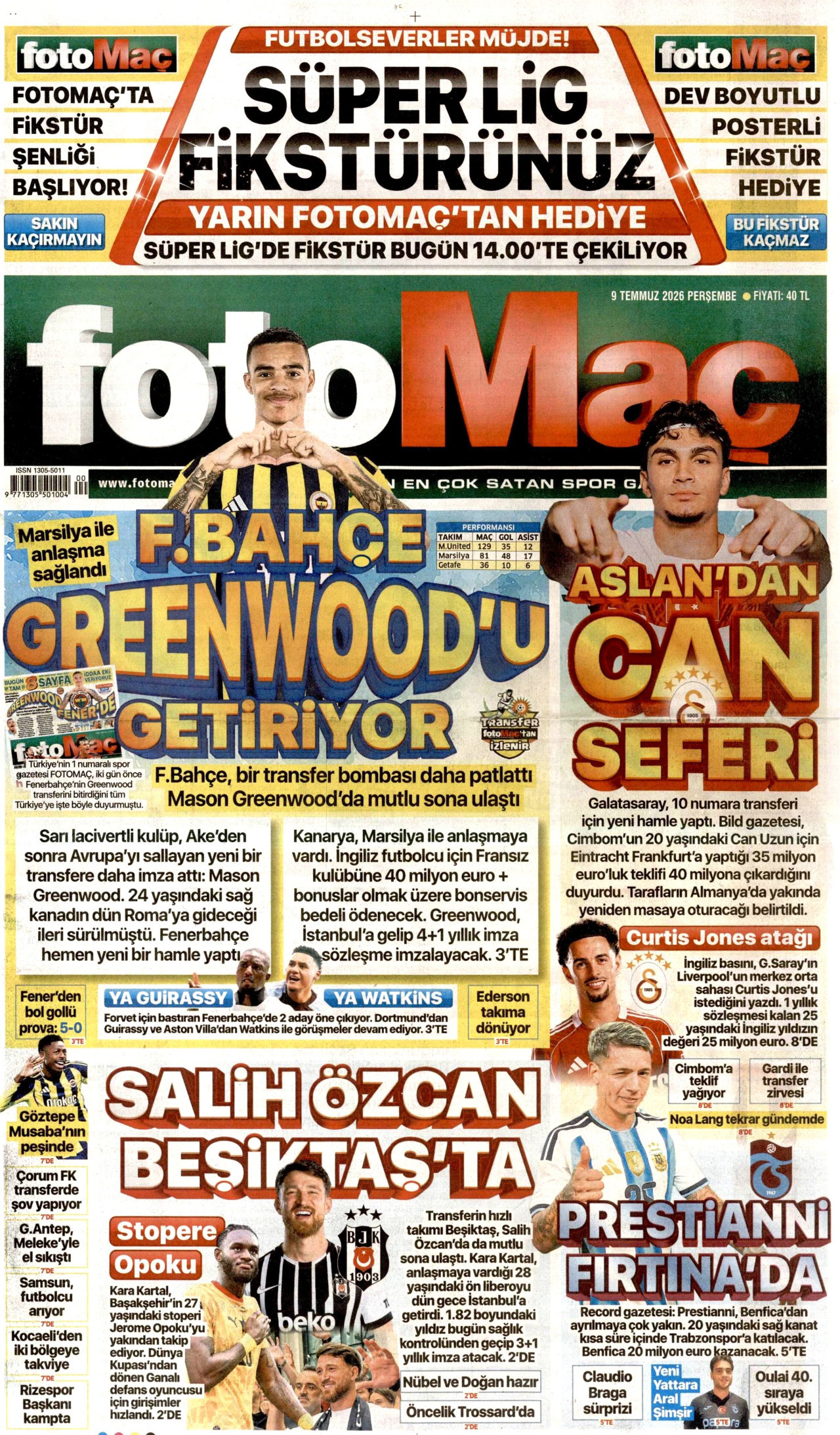 FOTOMAÇ gazetesinin 9 Temmuz 2026 tarihli birinci sayfası