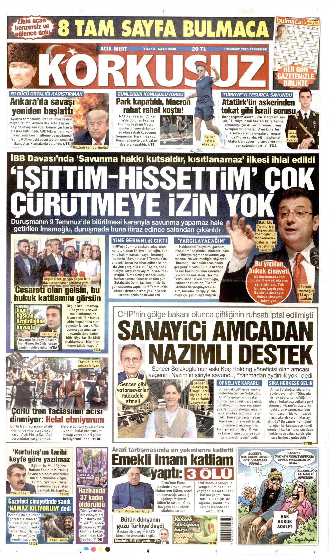 KORKUSUZ gazetesinin 9 Temmuz 2026 tarihli birinci sayfası