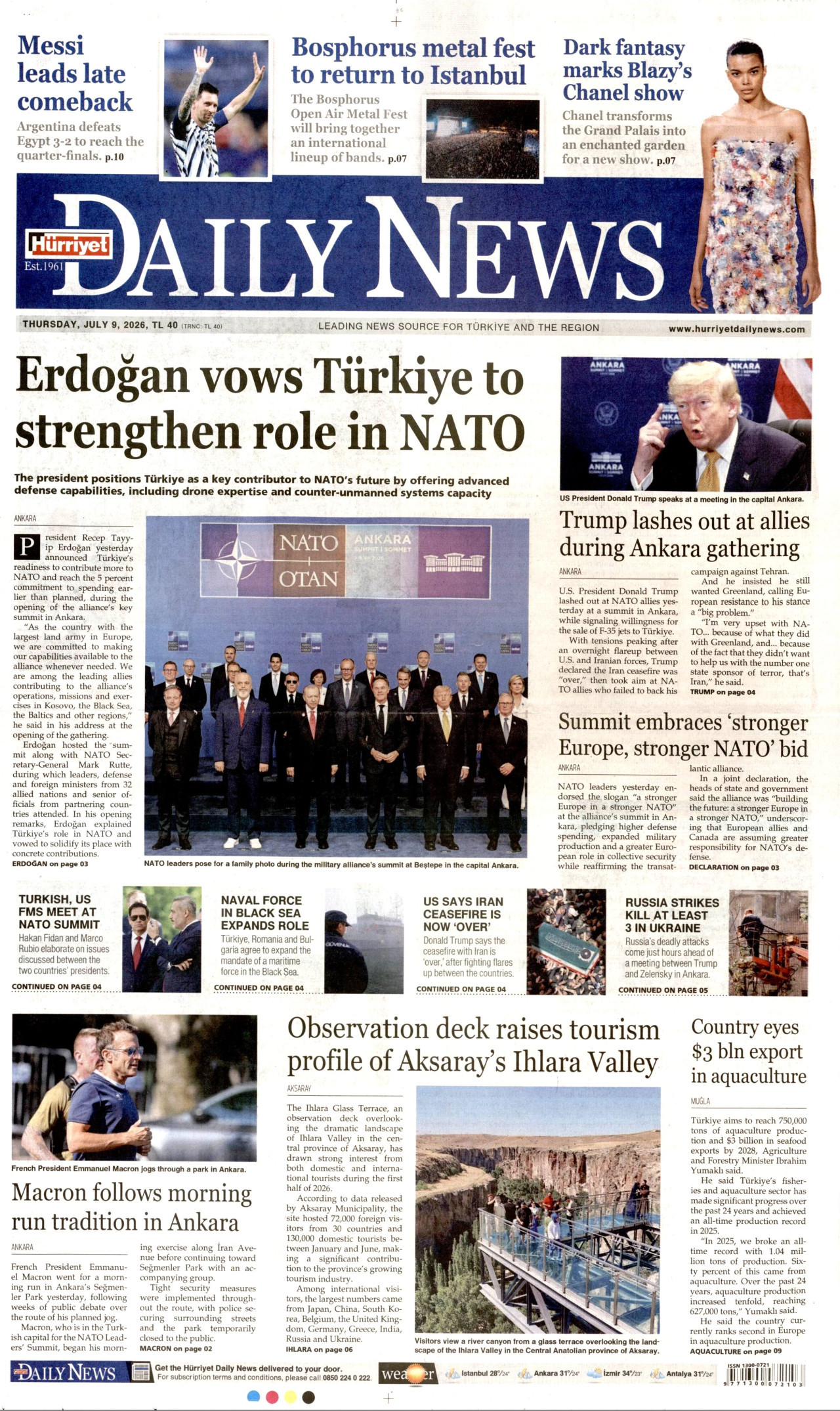 HÜRRİYET DAİLY NEWS gazetesinin 9 Temmuz 2026 tarihli birinci sayfası
