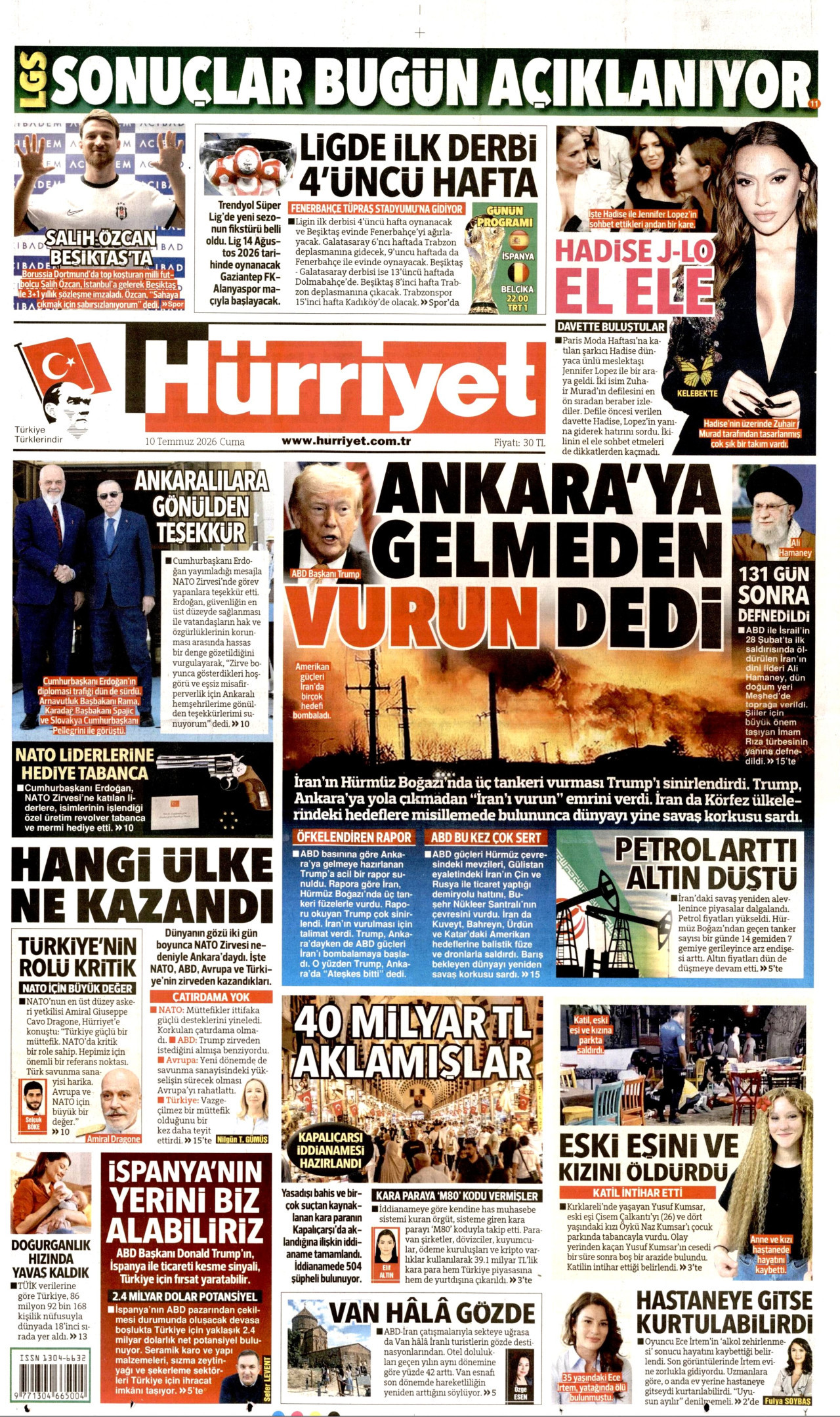 HÜRRİYET gazetesinin 10 Temmuz 2026 tarihli birinci sayfası