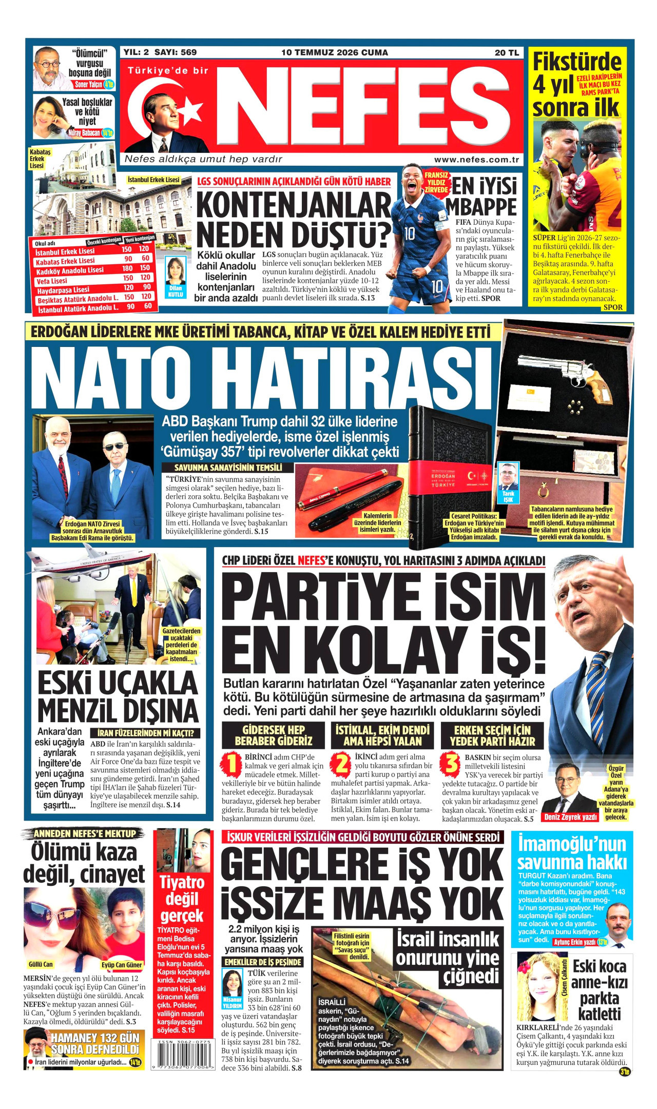 NEFES gazetesinin 10 Temmuz 2026 tarihli birinci sayfası
