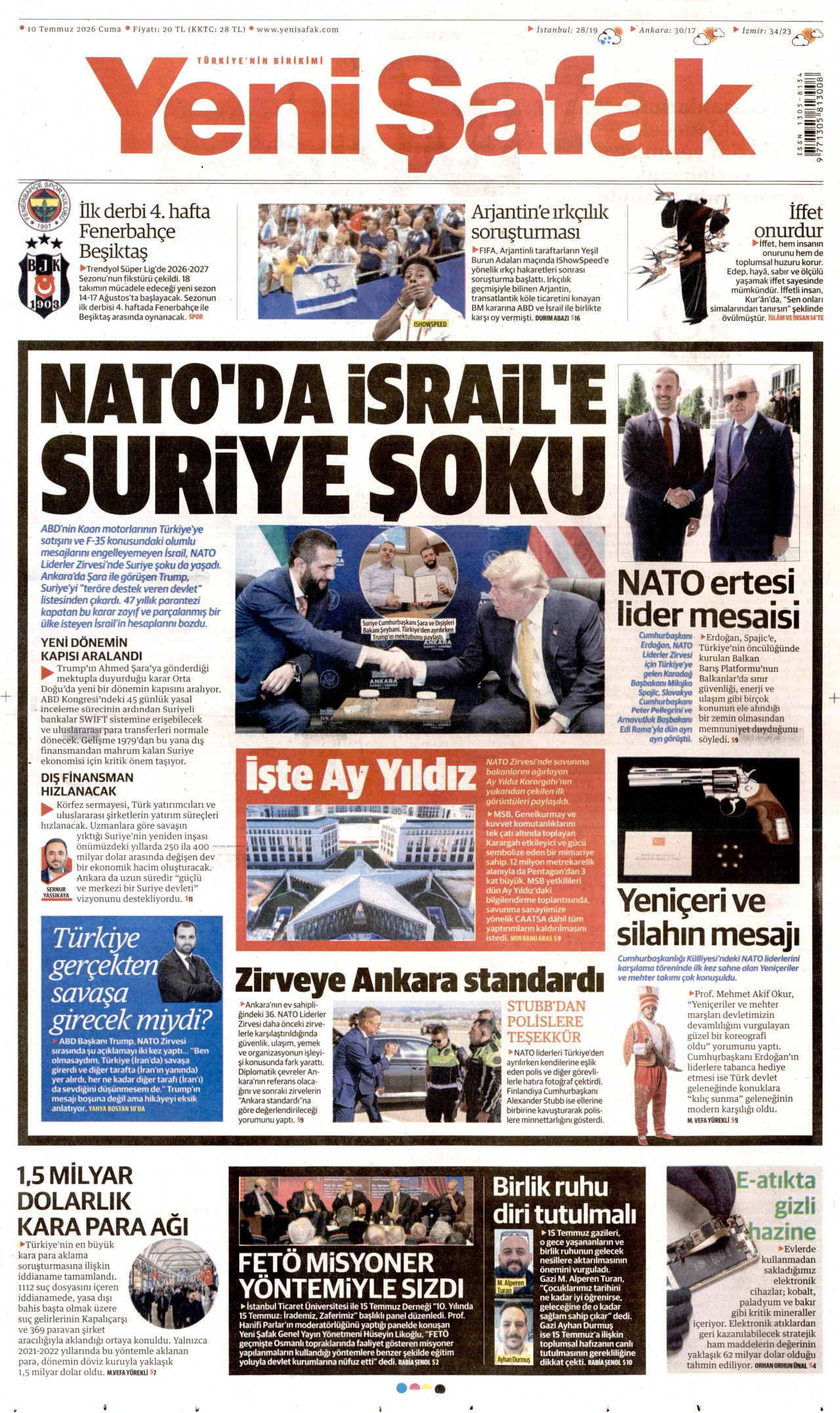 YENİ ŞAFAK gazetesinin 10 Temmuz 2026 tarihli birinci sayfası