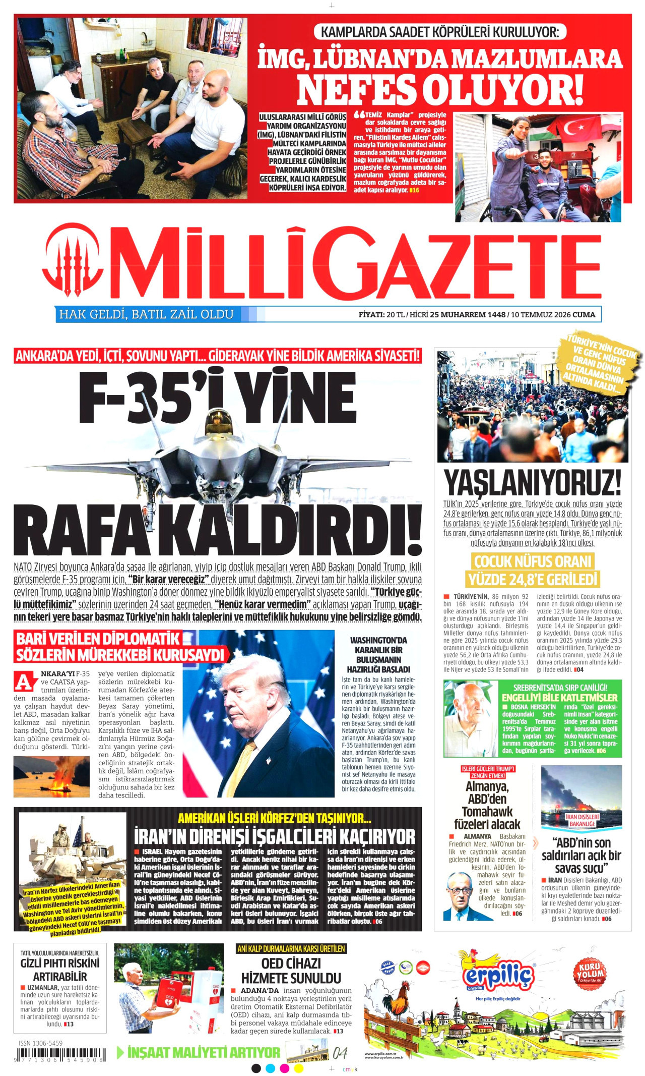 MİLLİ GAZETE gazetesinin 10 Temmuz 2026 tarihli birinci sayfası