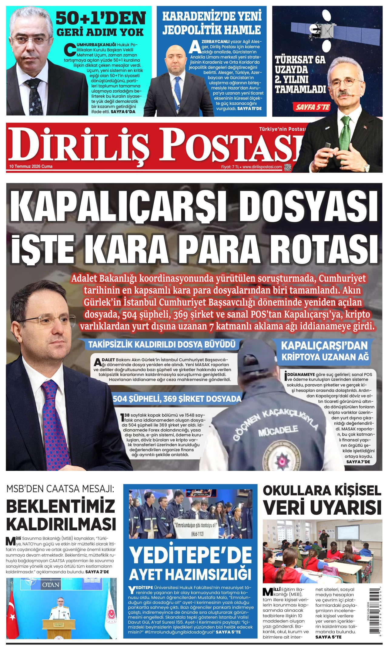 DİRİLİŞ POSTASI gazetesinin 10 Temmuz 2026 tarihli birinci sayfası