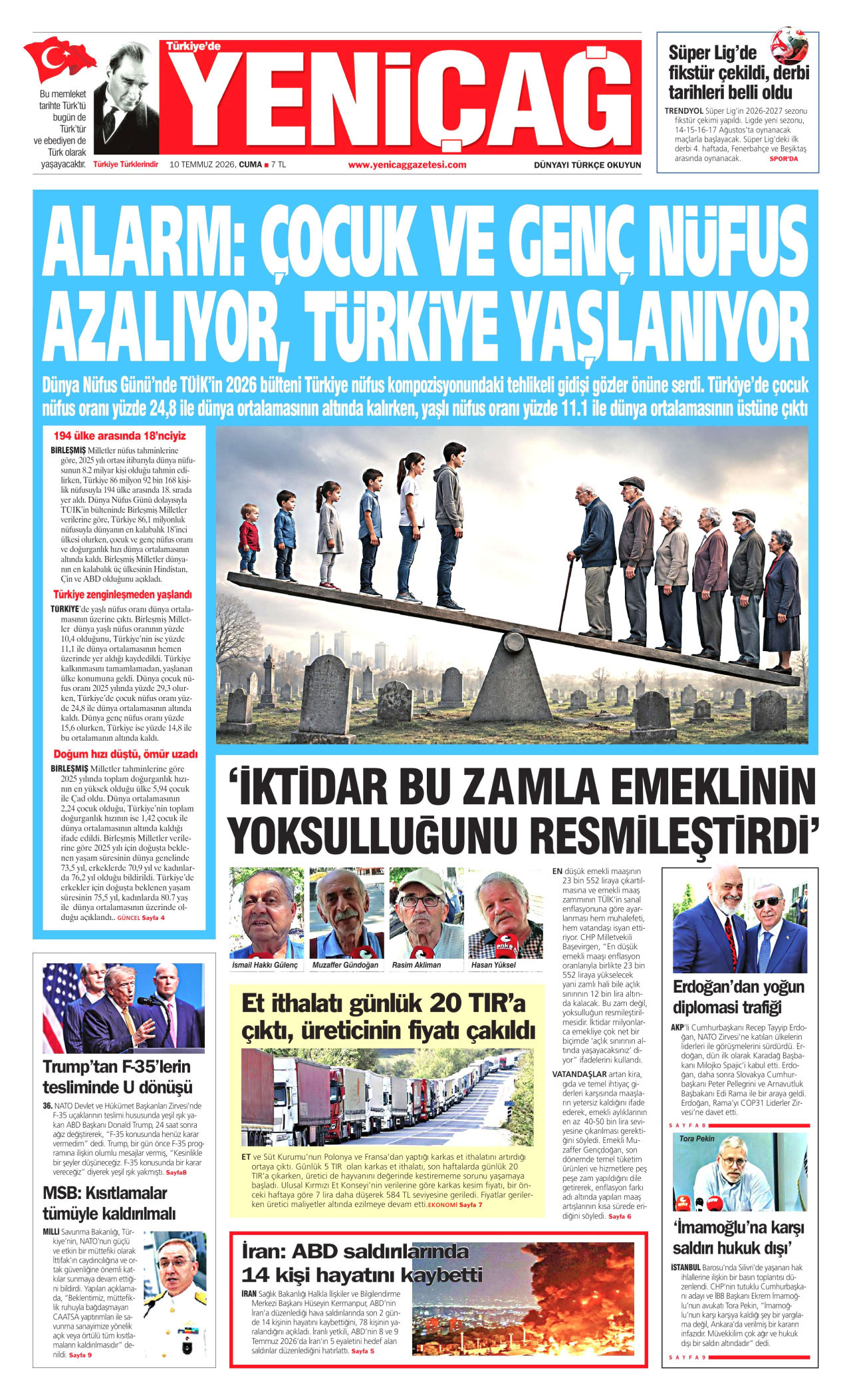 YENİÇAĞ gazetesinin 10 Temmuz 2026 tarihli birinci sayfası