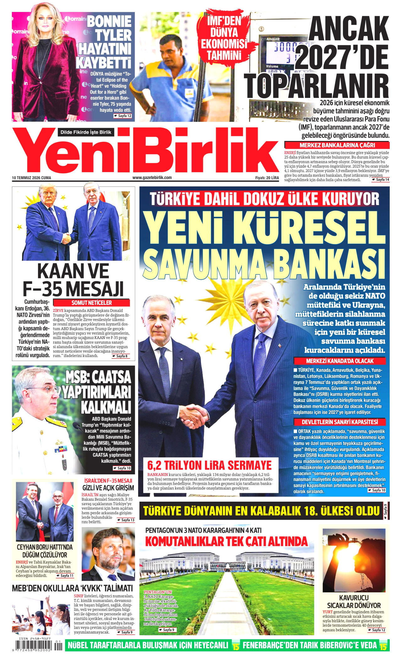 YENİBİRLİK gazetesinin 10 Temmuz 2026 tarihli birinci sayfası