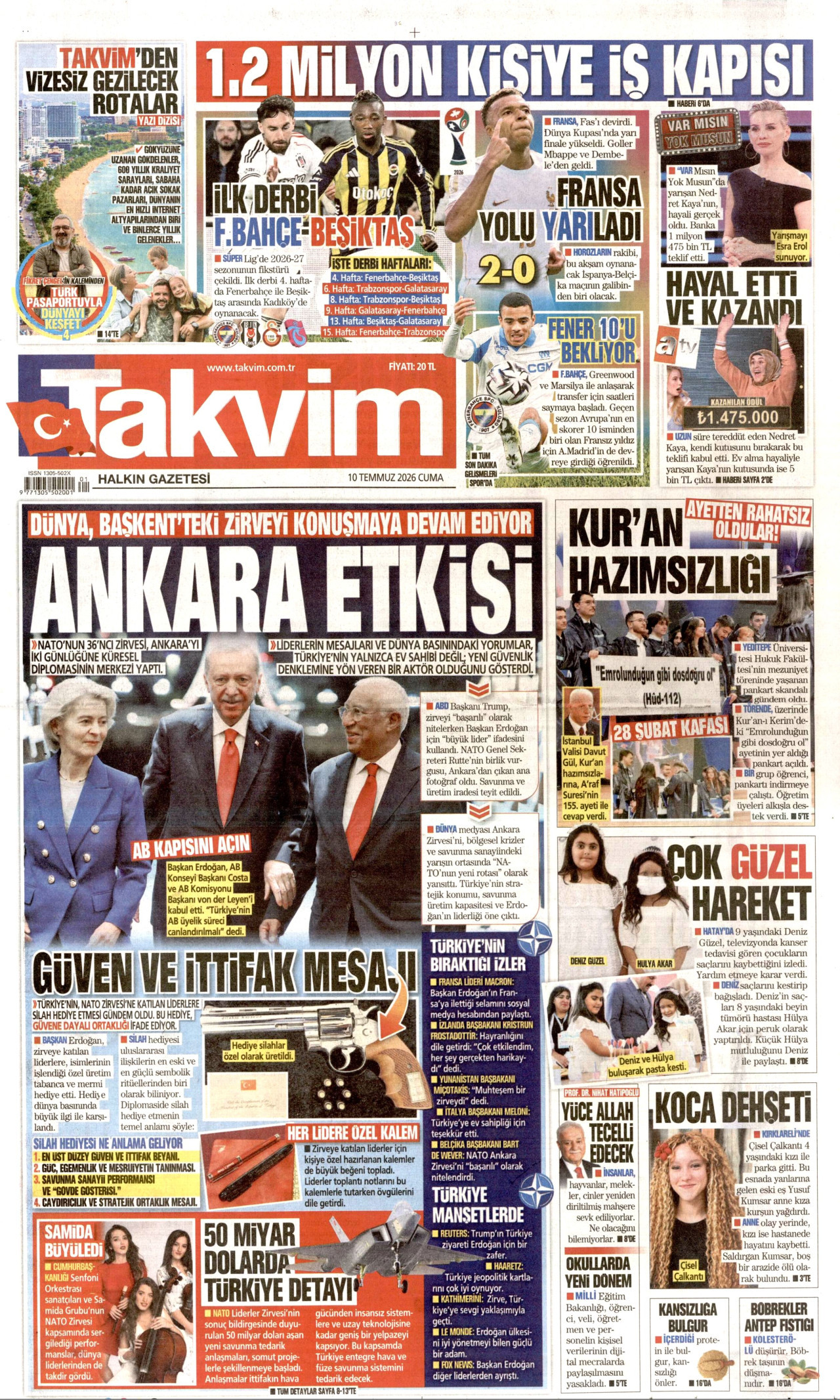 TAKVİM gazetesinin 10 Temmuz 2026 tarihli birinci sayfası