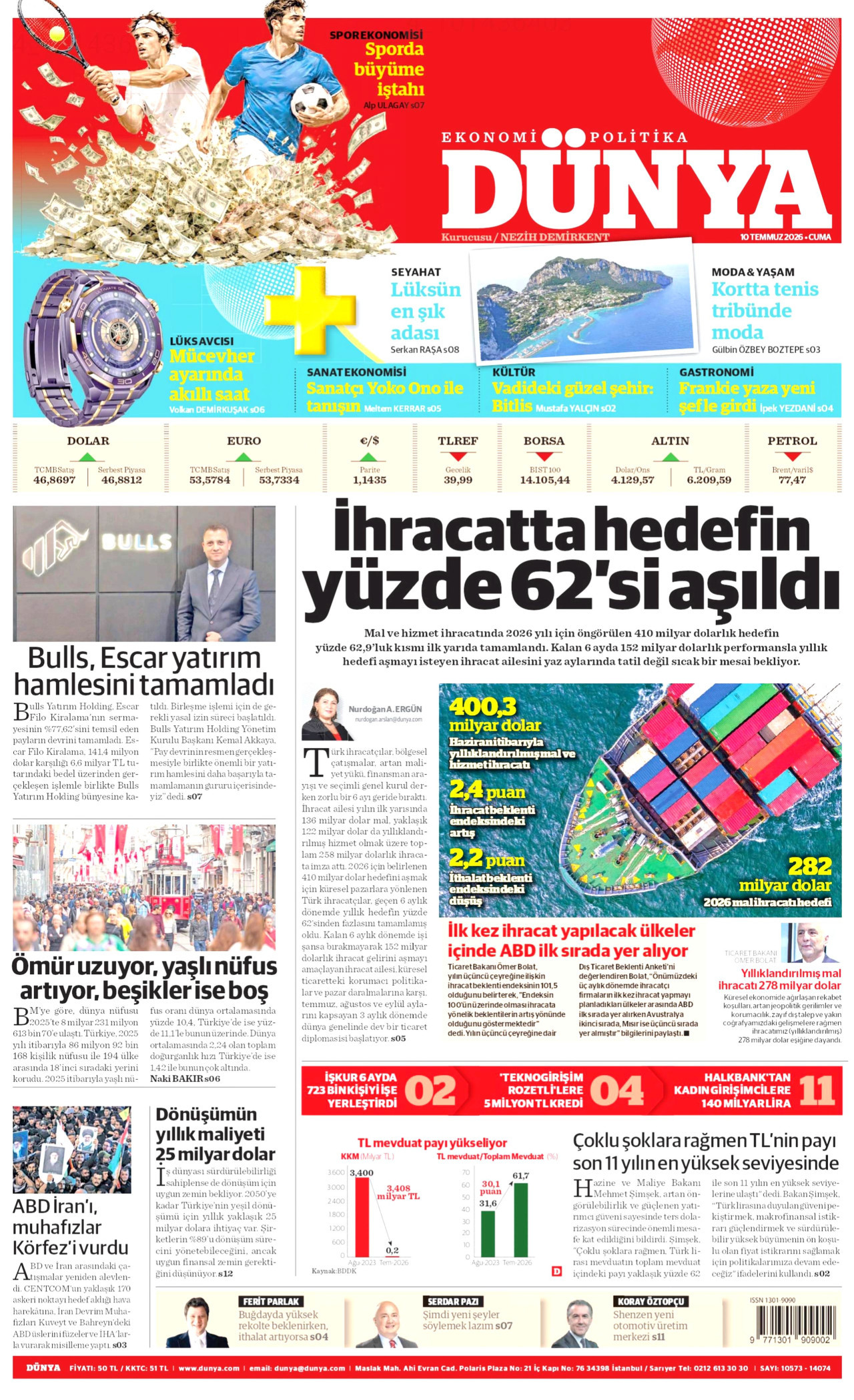 DÜNYA gazetesinin 10 Temmuz 2026 tarihli birinci sayfası