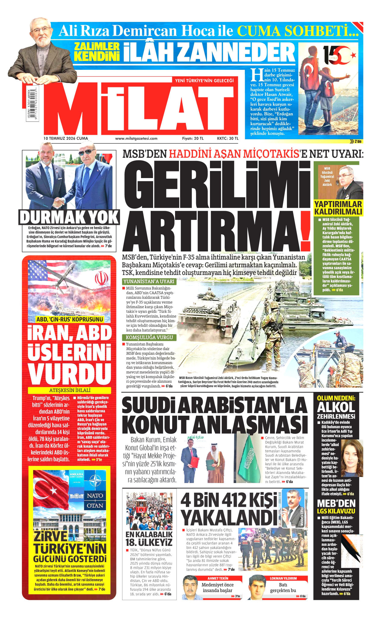 MİLAT gazetesinin 10 Temmuz 2026 tarihli birinci sayfası