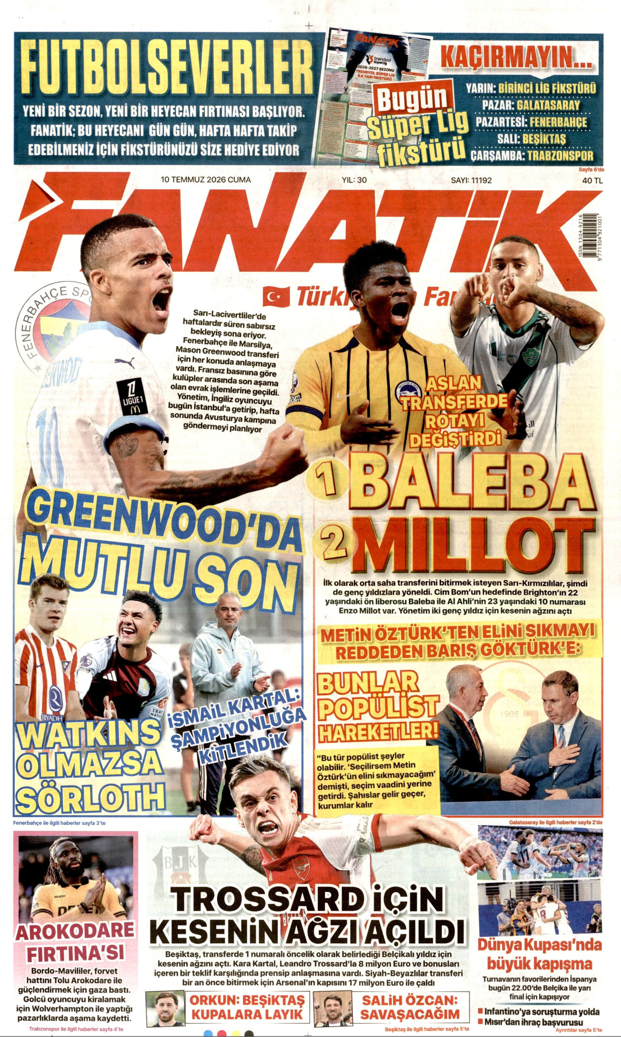 FANATİK gazetesinin 10 Temmuz 2026 tarihli birinci sayfası