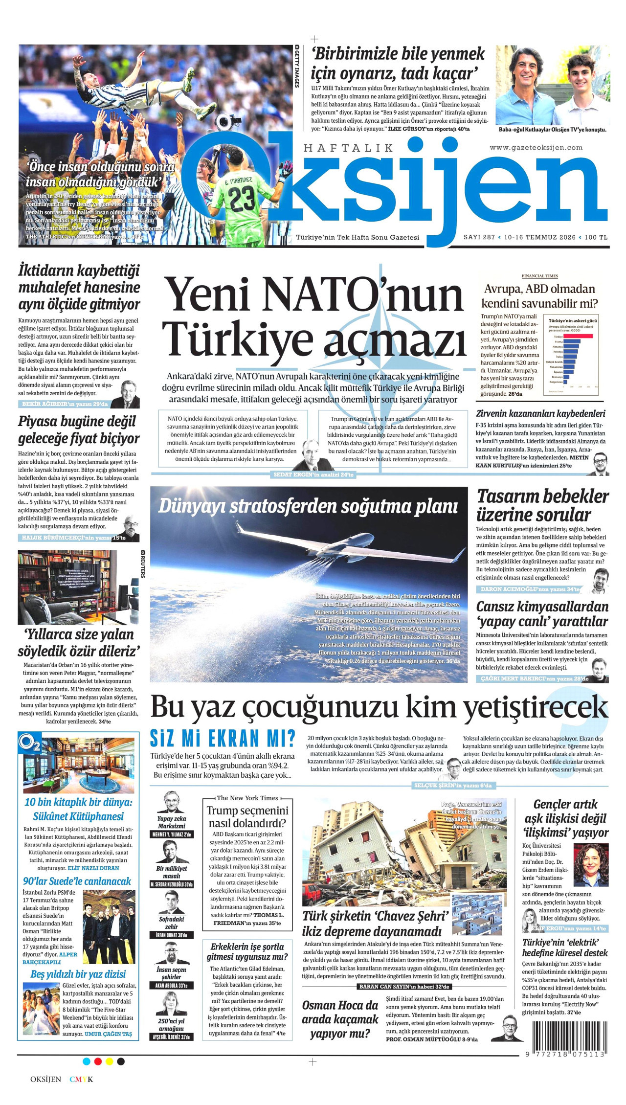 OKSİJEN gazetesinin 10 Temmuz 2026 tarihli birinci sayfası