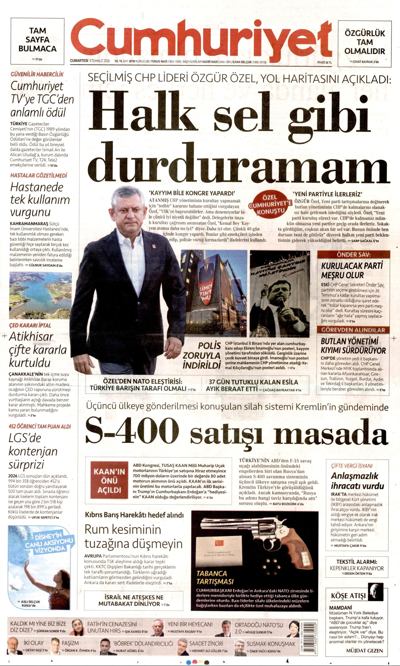 CUMHURİYET gazetesinin 11 Temmuz 2026 tarihli birinci sayfası