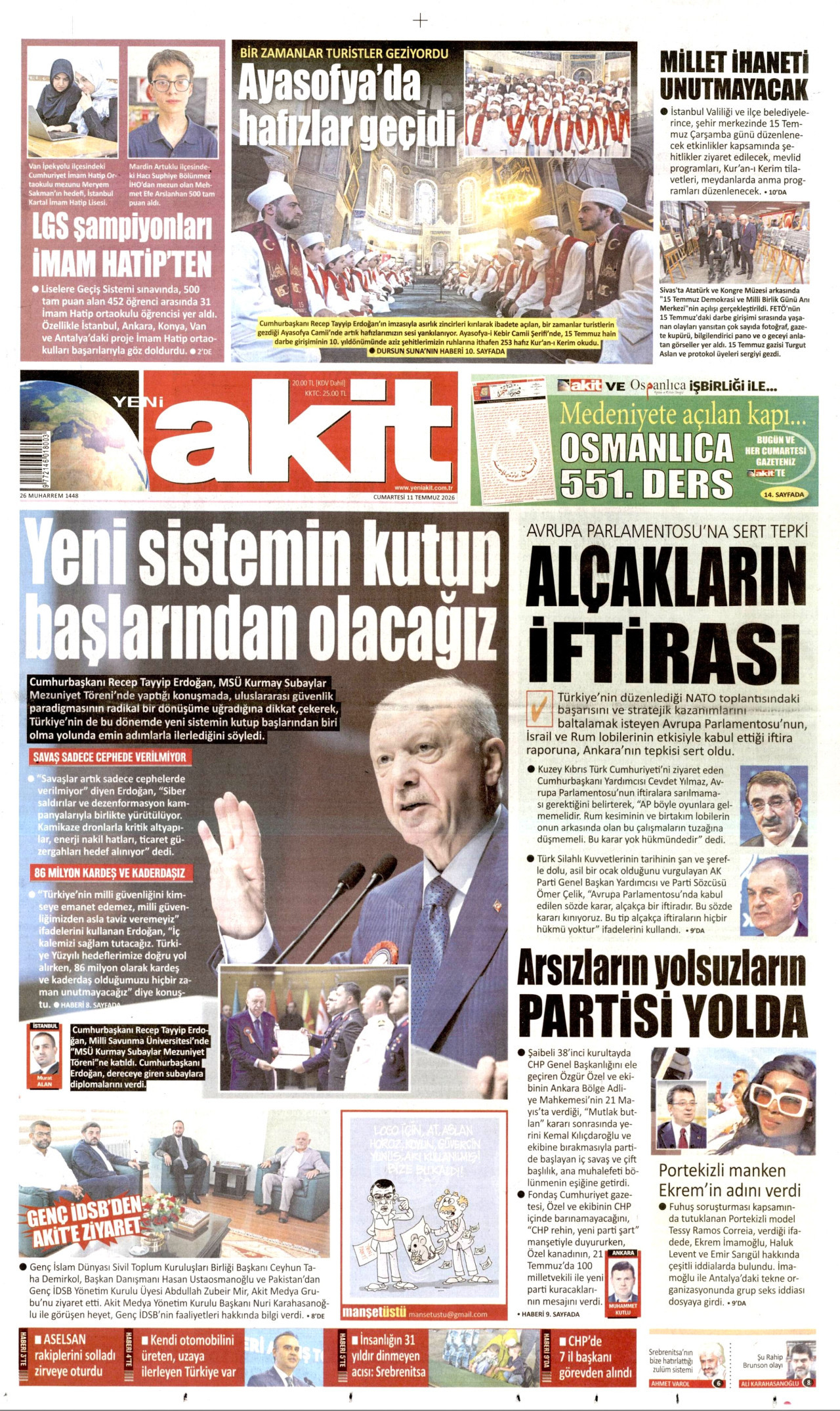 YENİ AKİT gazetesinin 11 Temmuz 2026 tarihli birinci sayfası