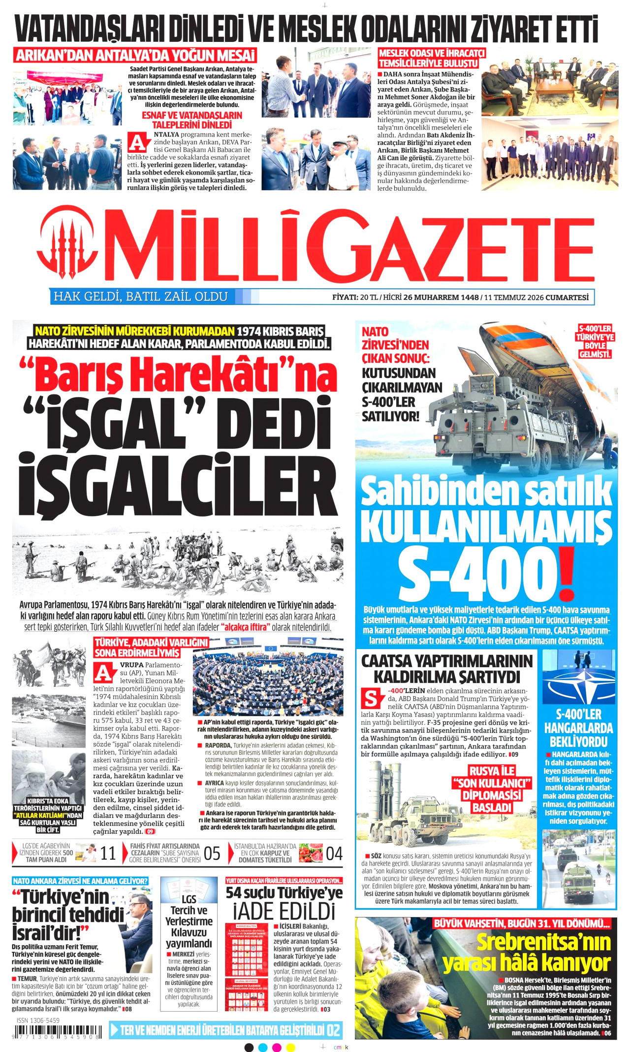 MİLLİ GAZETE gazetesinin 11 Temmuz 2026 tarihli birinci sayfası