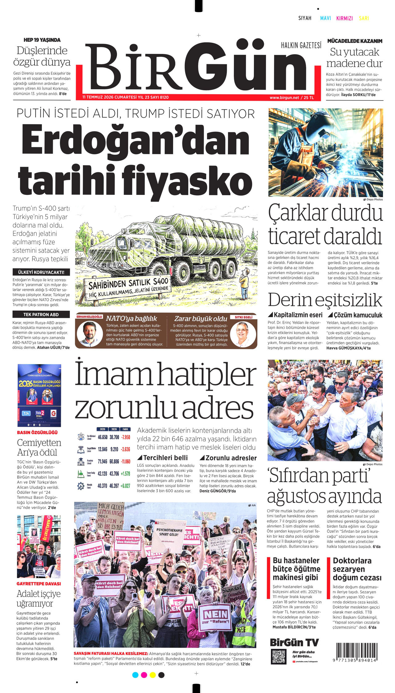 BİRGÜN gazetesinin 11 Temmuz 2026 tarihli birinci sayfası
