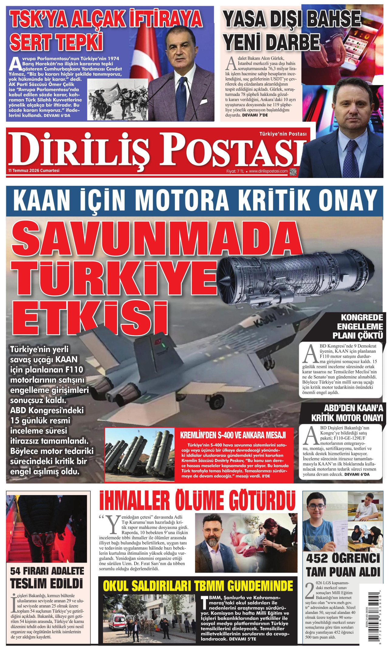 DİRİLİŞ POSTASI gazetesinin 11 Temmuz 2026 tarihli birinci sayfası
