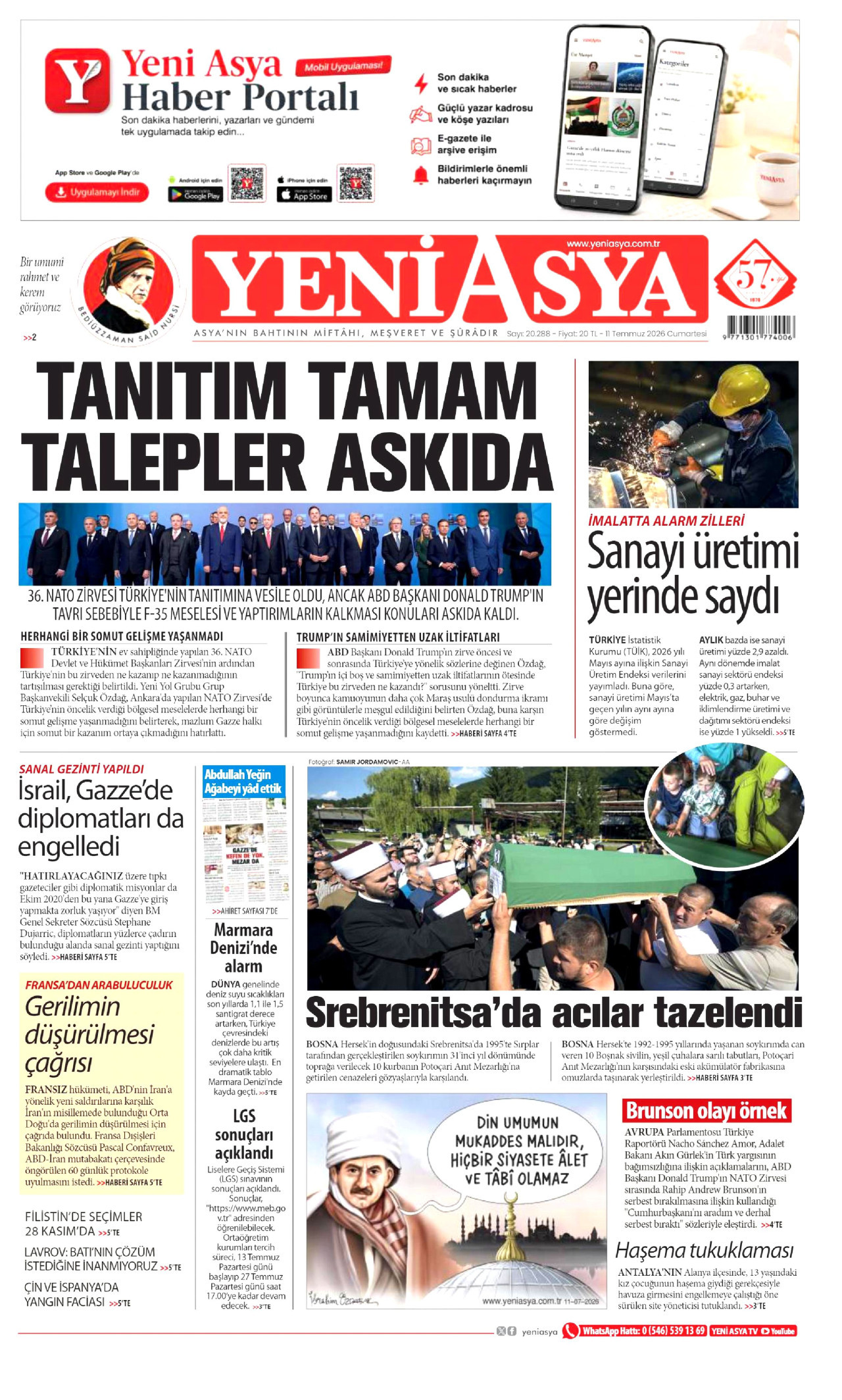 YENİ ASYA gazetesinin 11 Temmuz 2026 tarihli birinci sayfası