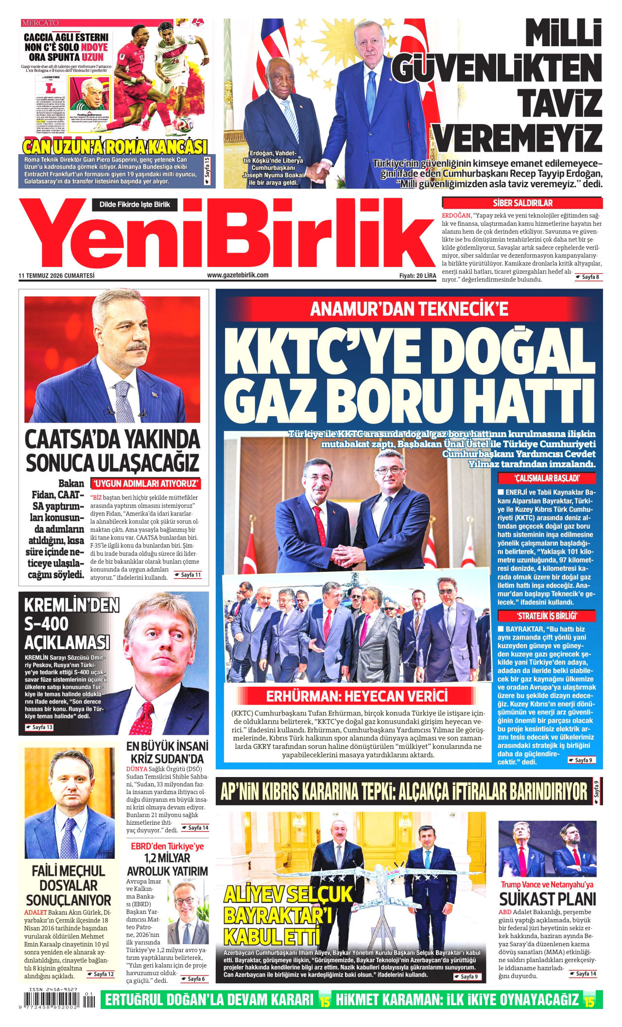 YENİBİRLİK gazetesinin 11 Temmuz 2026 tarihli birinci sayfası