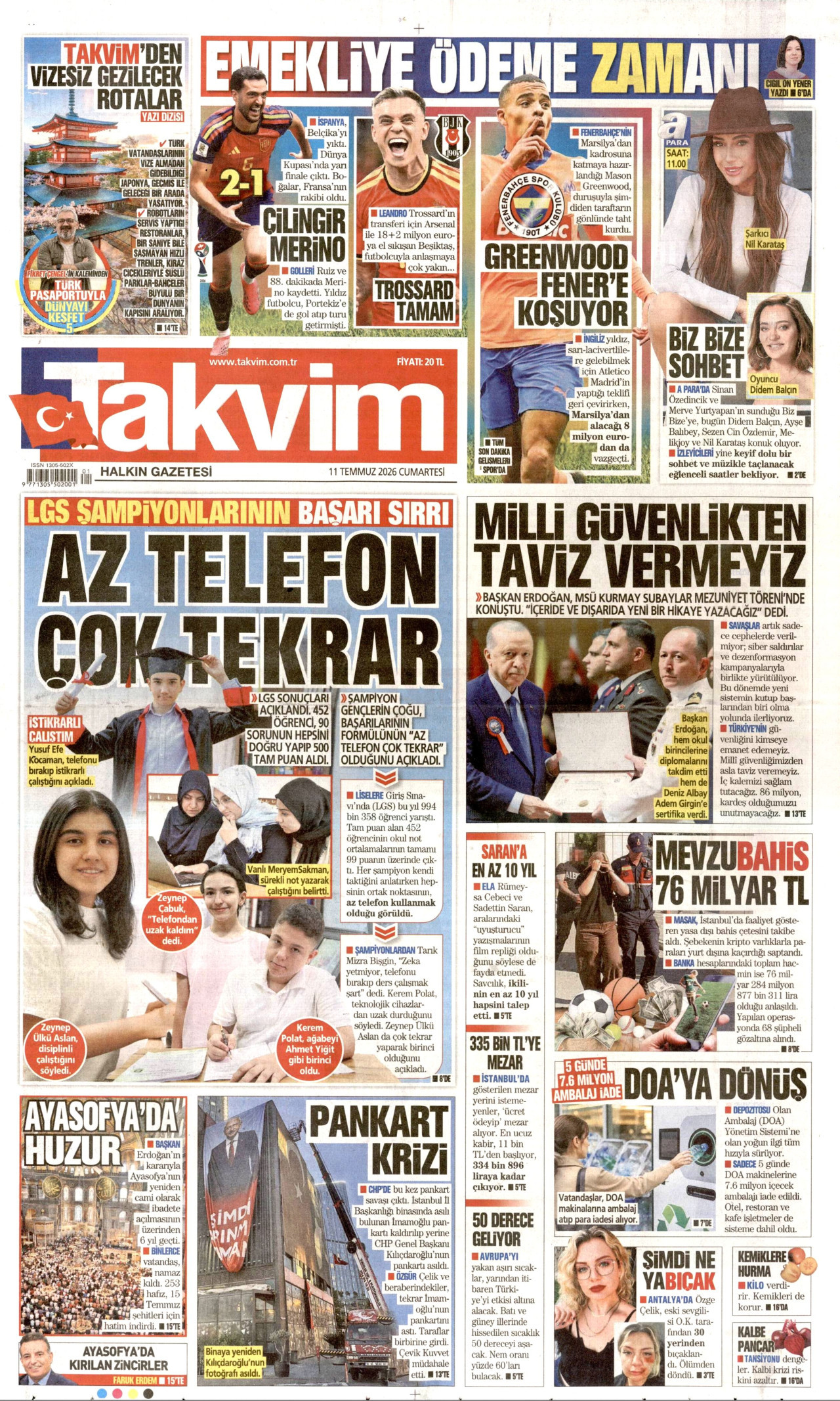 TAKVİM gazetesinin 11 Temmuz 2026 tarihli birinci sayfası