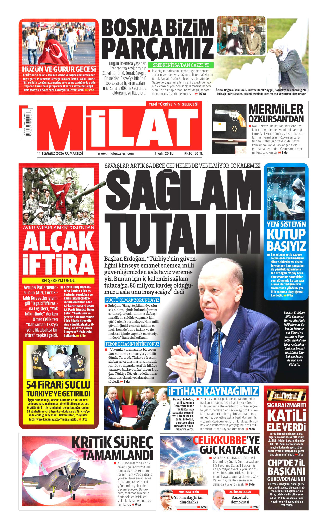 MİLAT gazetesinin 11 Temmuz 2026 tarihli birinci sayfası
