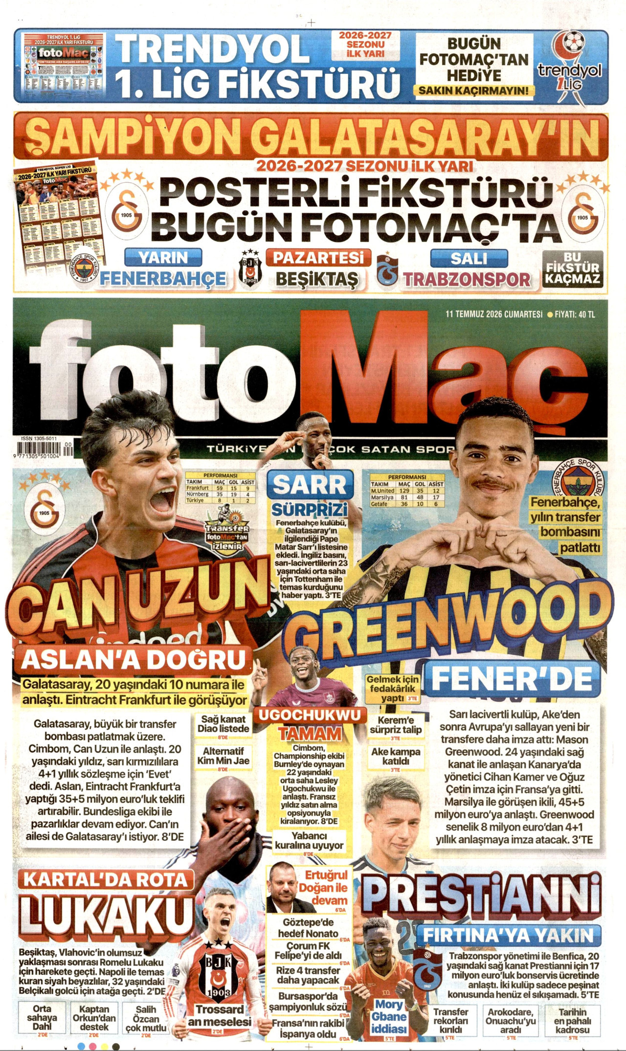 FOTOMAÇ gazetesinin 11 Temmuz 2026 tarihli birinci sayfası