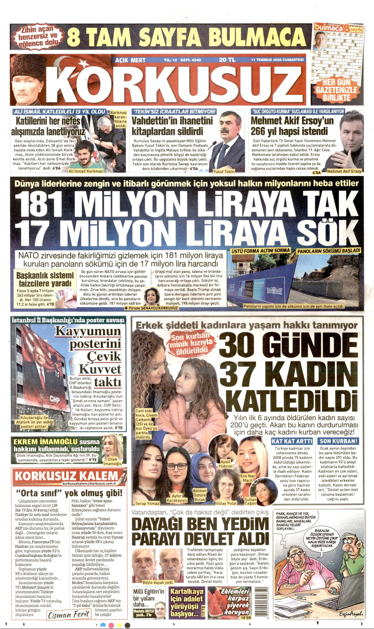 KORKUSUZ gazetesinin 11 Temmuz 2026 tarihli birinci sayfası